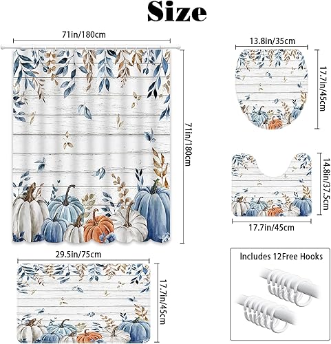 Miniatura 30 de MEHOFOND Juego de 4 piezas de ducha de calabaza para baño, otoño, día de Acción de Gracias, cortina de ducha, alfombra, cubierta de tapa de inodoro