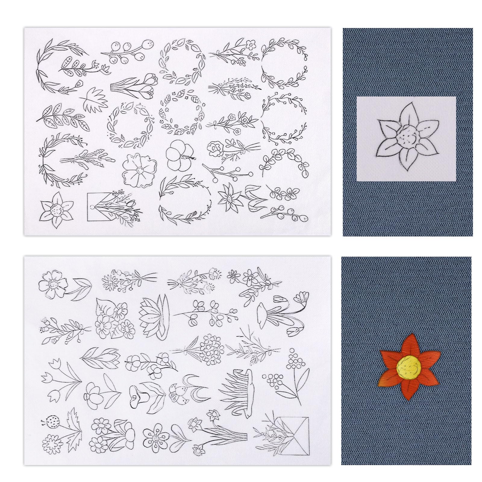 51pcs Hand Sewing Stabilizers, Water Soluble Hand Sewing Stabilizers Stick and Stitch Embroidery Paper with Pre-Printed Flower and Leaf Transfers for Hand Sewing Beginners (Plants)