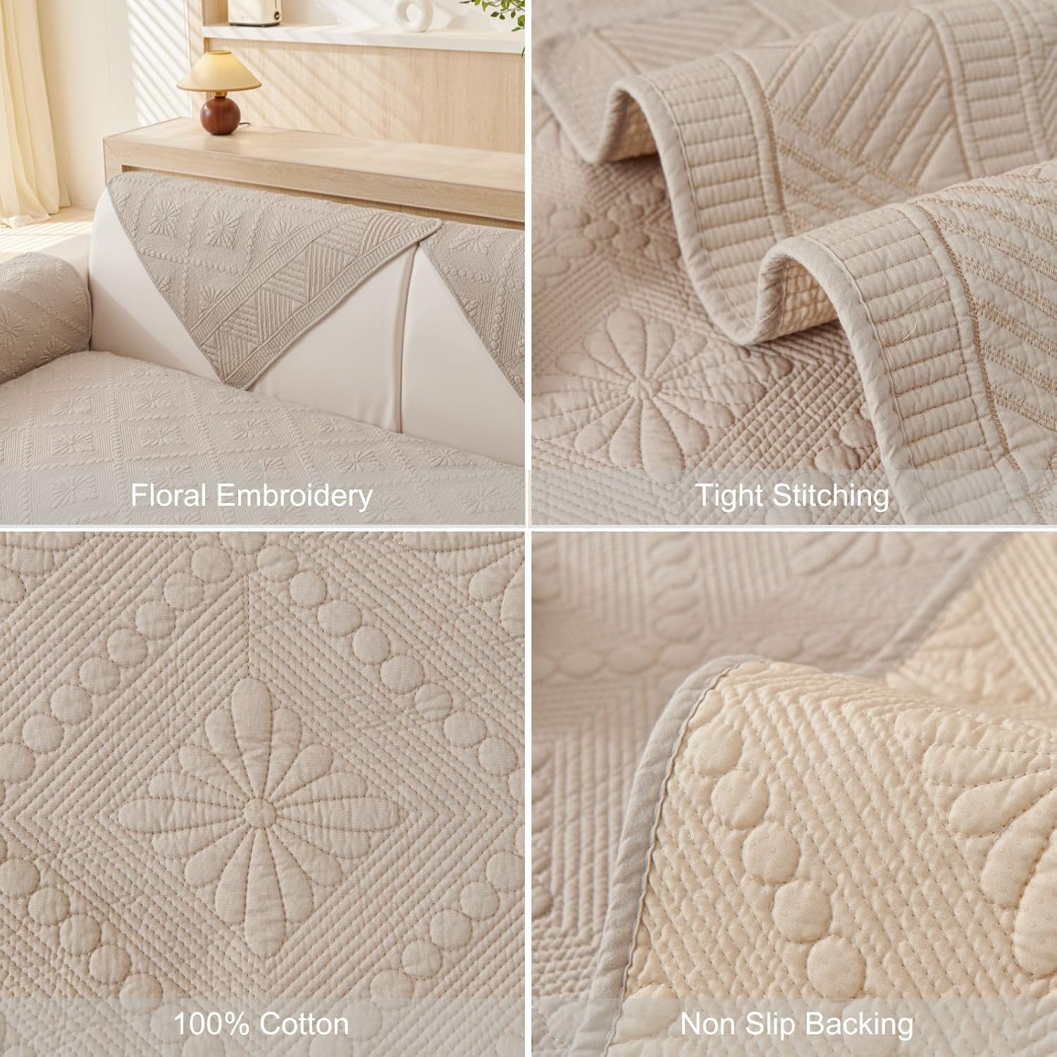 vctops Boho Cotton Quilted Sofa Couch Cover Washable Soft Non Slip Sectional Couch Covers Floral Embroidery Sofa Slipcover for Dogs, Children, Pets Furniture Protector (Coffee,36"x94")