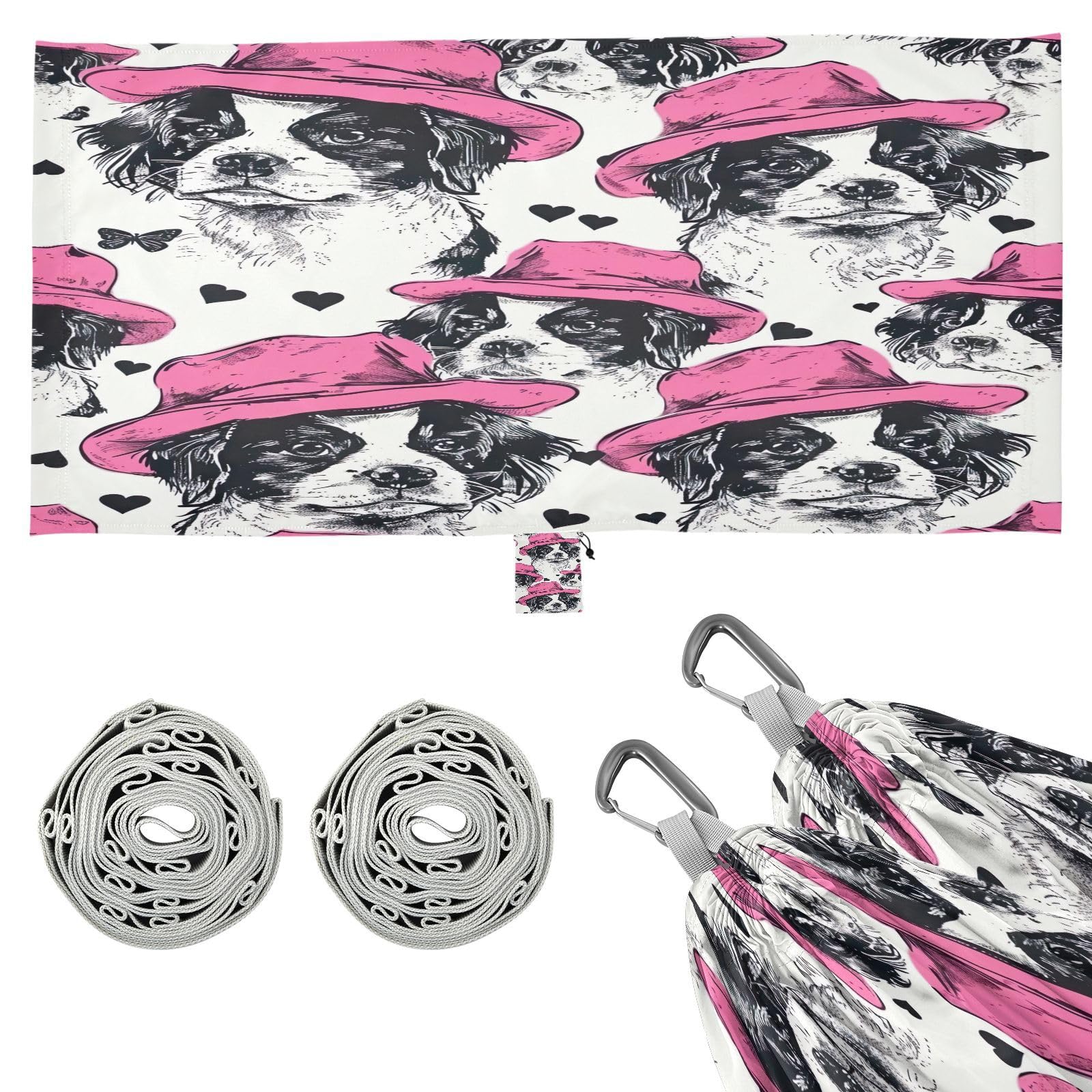 ATTX Pink Hats Dog Camping Hammock - Lightweight & Portable Hammocks, Heavy Duty 330lbs Capacity for Indoor, Hiking, Backpacking, Travel, Backyard, Beach#475