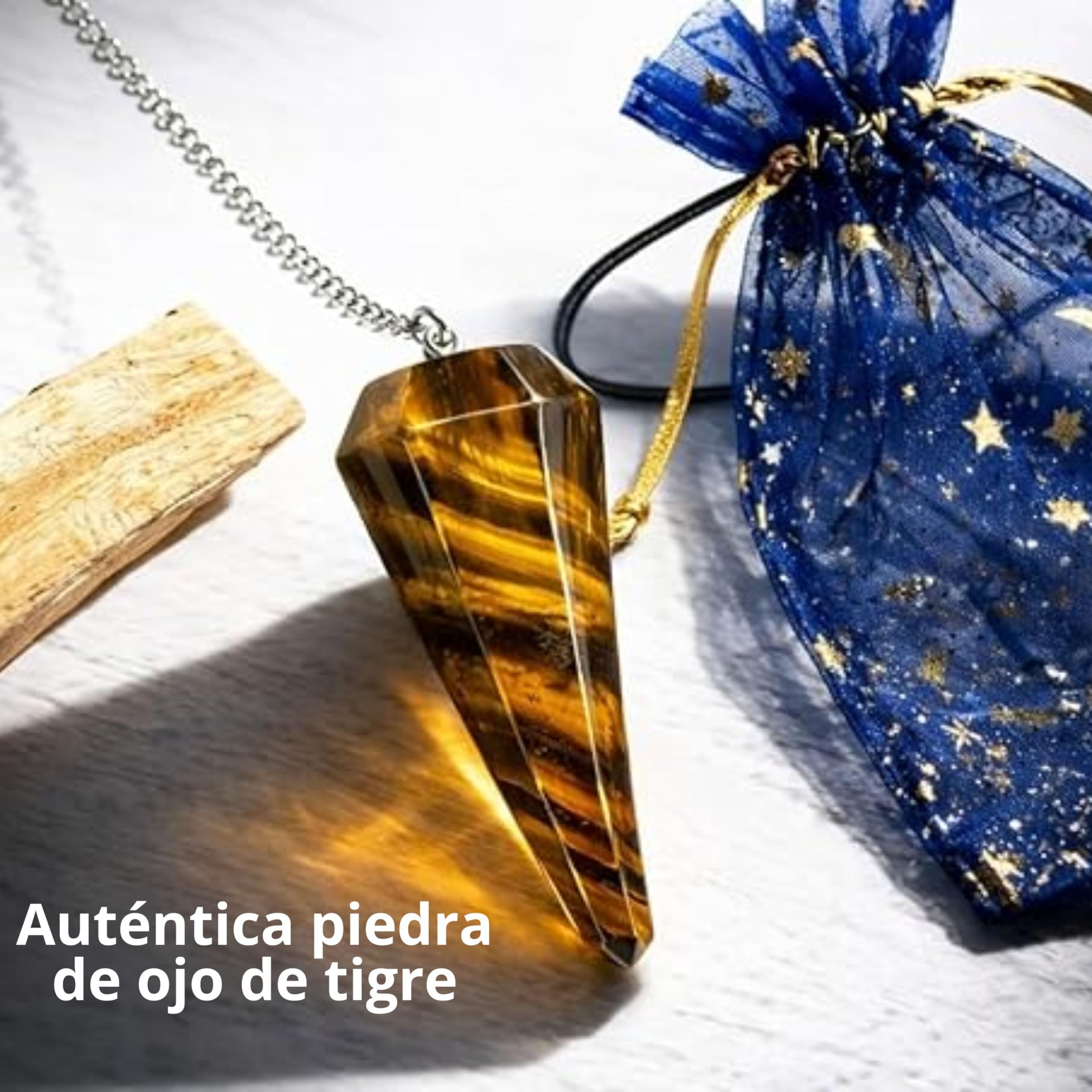 Péndulo Adivinación Ojo deTigre Natural + 1 Palo Santo + Bolsa de Almacenamiento | Herramienta de Radiestesia y Meditación para Tarot, Reiki y Sanación Espiritual | Cristal Auténtico. - 3