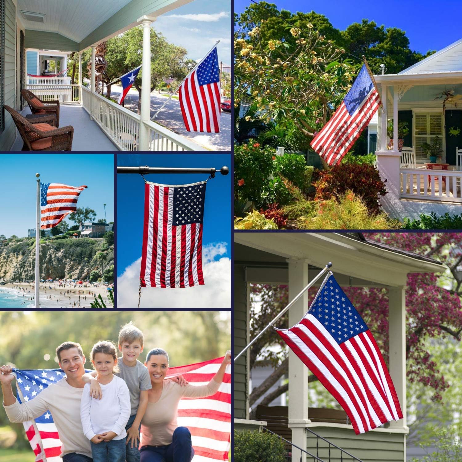 6 Feet Tangle Free Spinning Flag Pole Kit with American Flag (3x5) - Outdoor Flag | Embroidered Stars - Includes Flagpole Bracket - Rust Free (White)