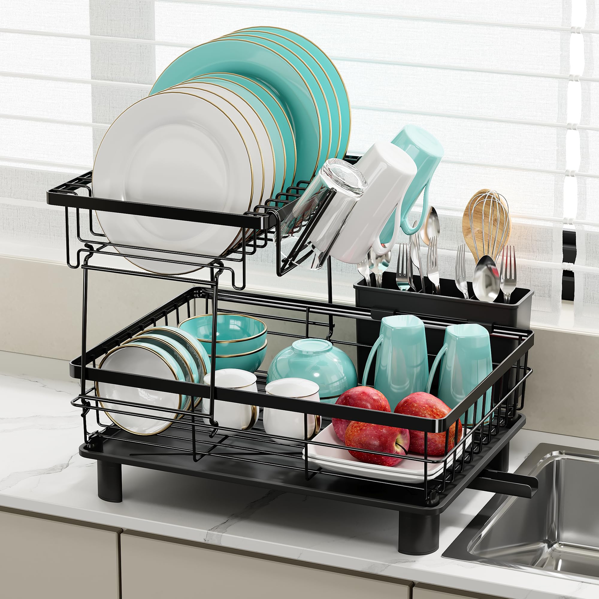 MAJALiS Escurridor de Platos de 2 Niveles, Escurreplatos de Cocina de Acero Inoxidable con Soporte para Utensilios, Escurridor de Platos para Fregadero Negro con Drenaje