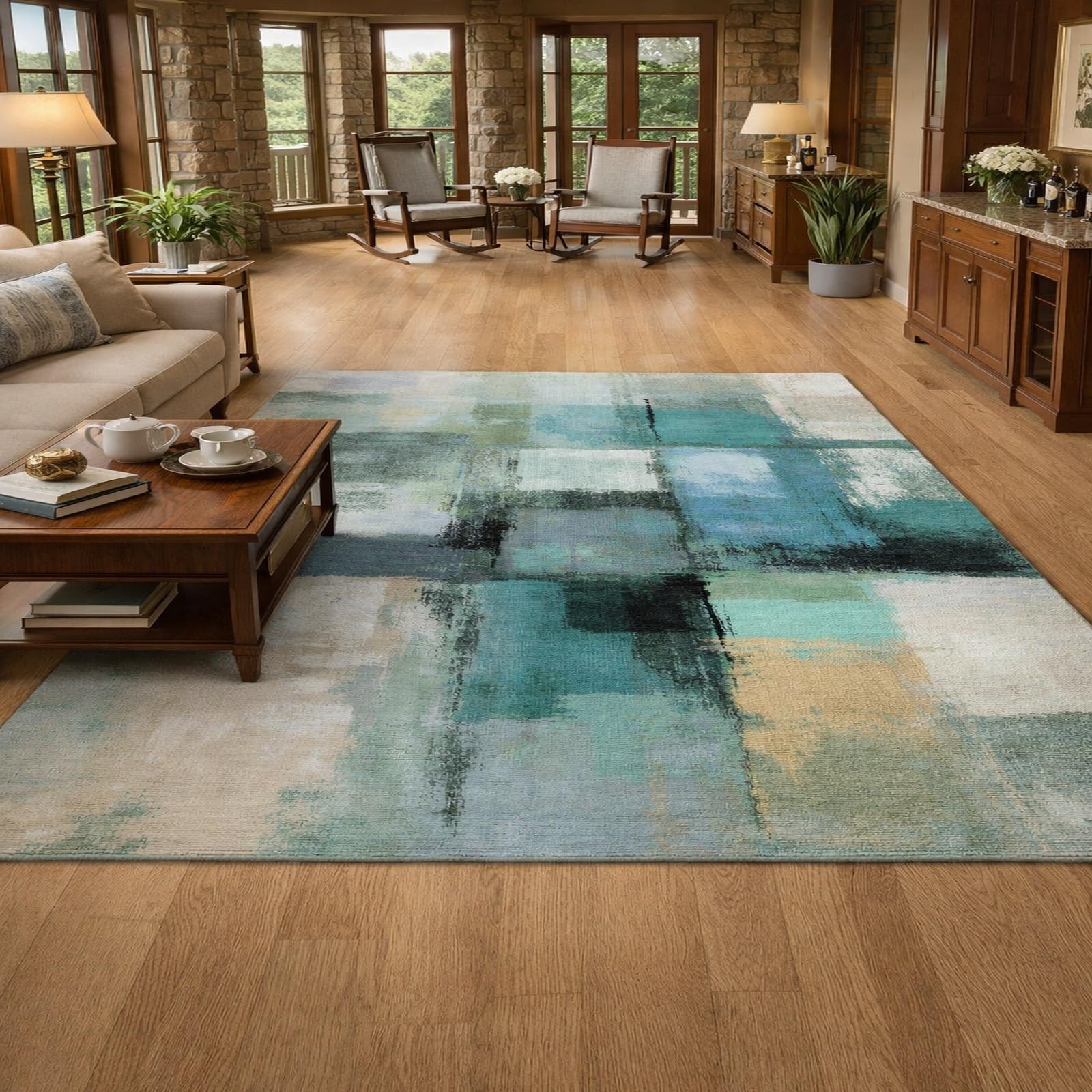 Tapis de salon 120x180cm vert abstrait pour réchauffer l'ambiance de la cuisine