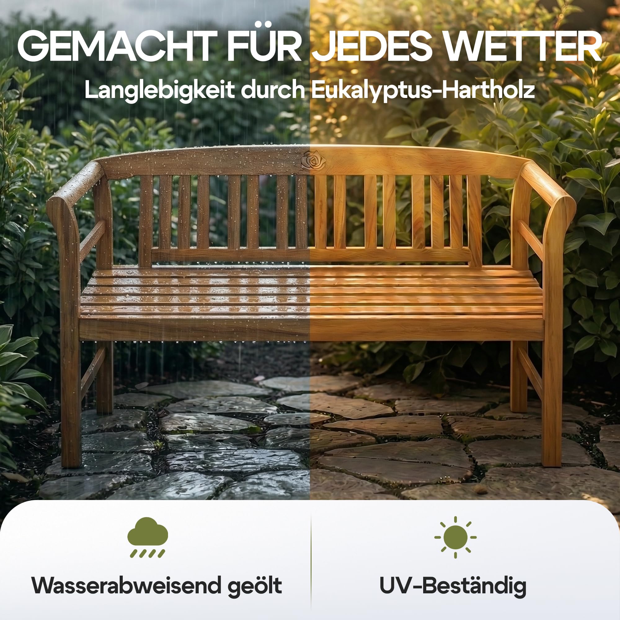 Casaria® Gartenbank FSC®-Zertifiziert Wetterfest | 158x43cm, Holz, 480kg Belastbarkeit, 3-Sitzer, Armlehne, Rückenlehne, Garten, Balkon, Eukalyptus, braun