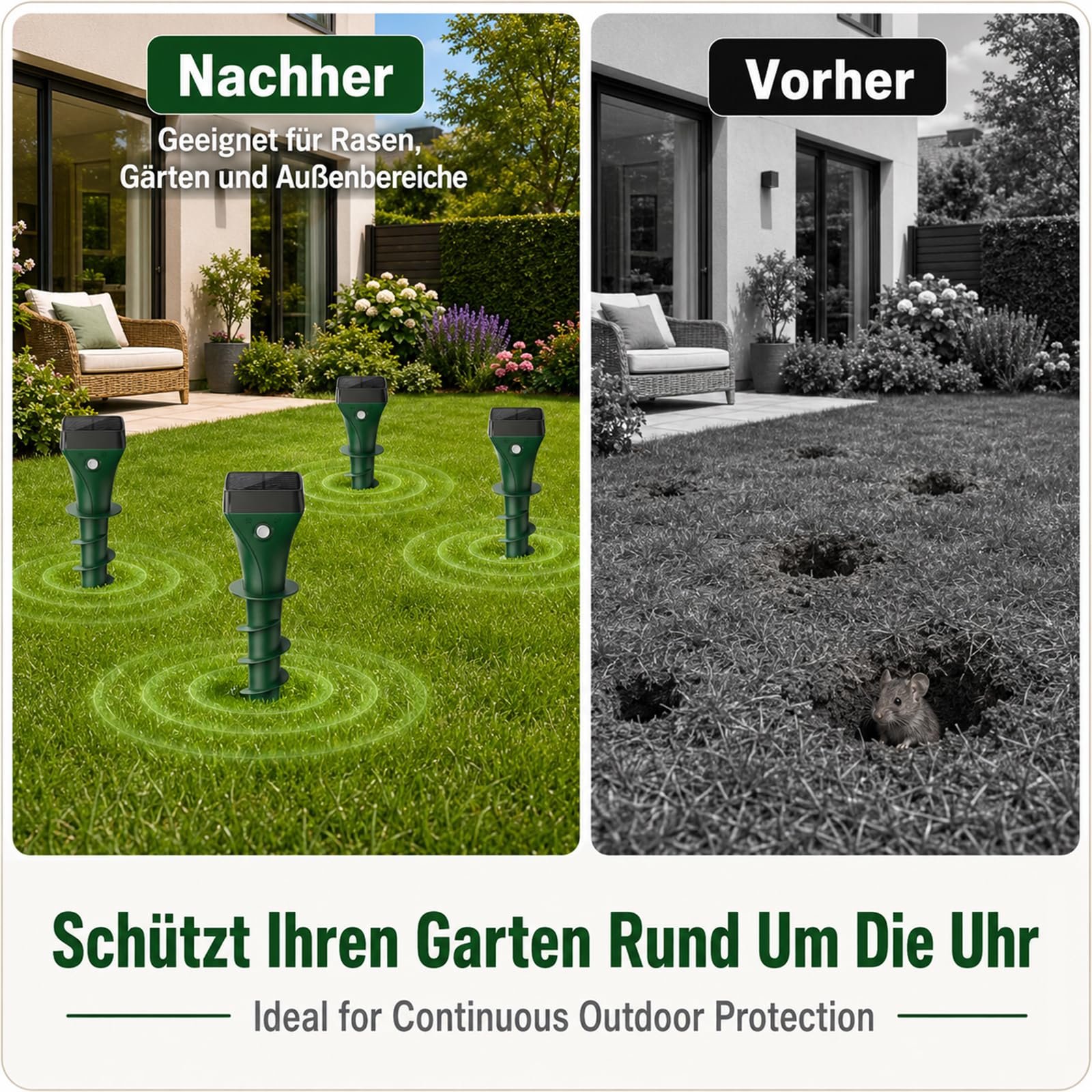 Dissuasore per talpe, a energia solare, con ultrasuoni e cambio di frequenza intelligente, efficace contro talpe e arvicole, impermeabile IP65, per giardino, confezione da 4