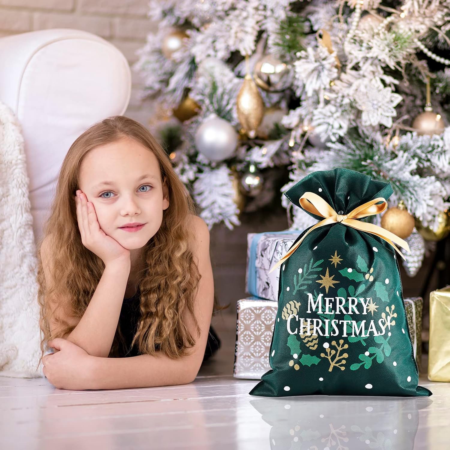 Yatinbos Christmas & Everyday Gift Bags Bundle: 6-Pack Green Drawstring Bags & 6-Pack Grey Bags with Yellow Ribbon, 12"x18" Large Reusable Fabric Gift Bags for All Occasions