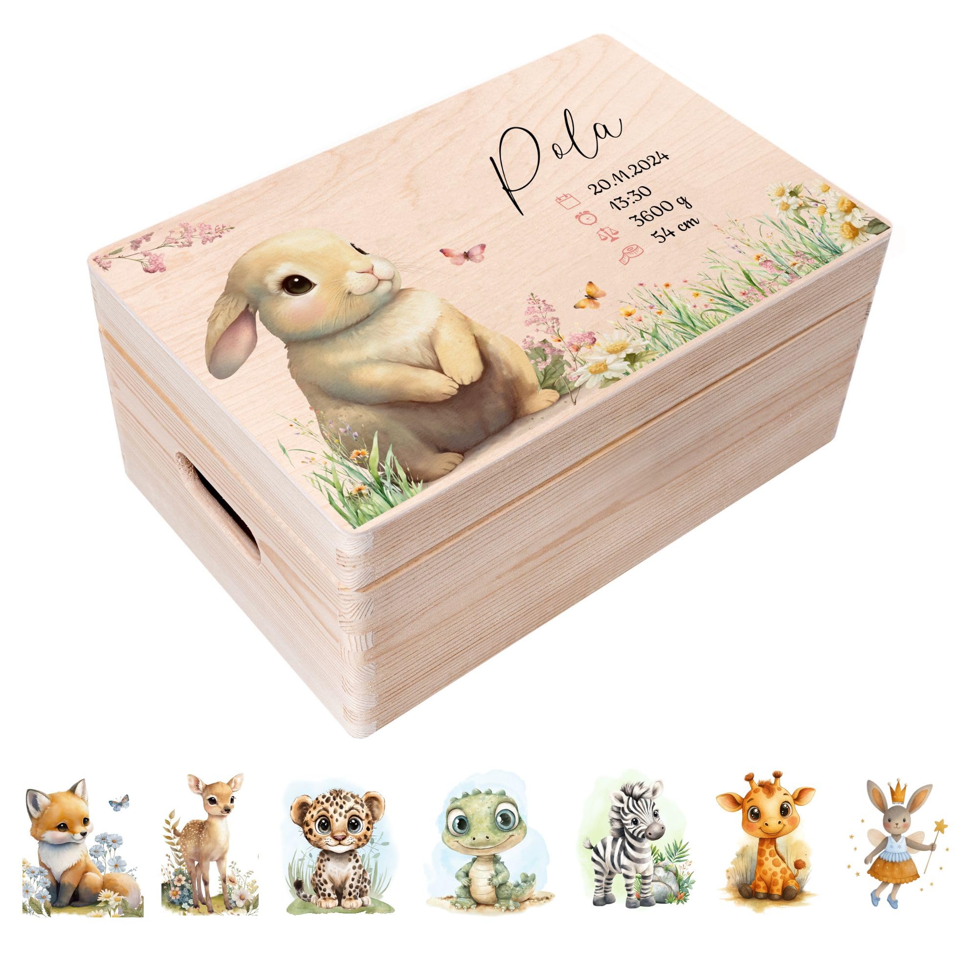 Creative Deco Personalised Baby Memory Box - Wild Animals | Custom Keepsake Boxes | Rustic Decorative Wooden Storage Box with Hinged Lid - 30 x 20 x 14 cm (External), 27.5 x 17.5 x 9.8 cm (Internal) โ image 1