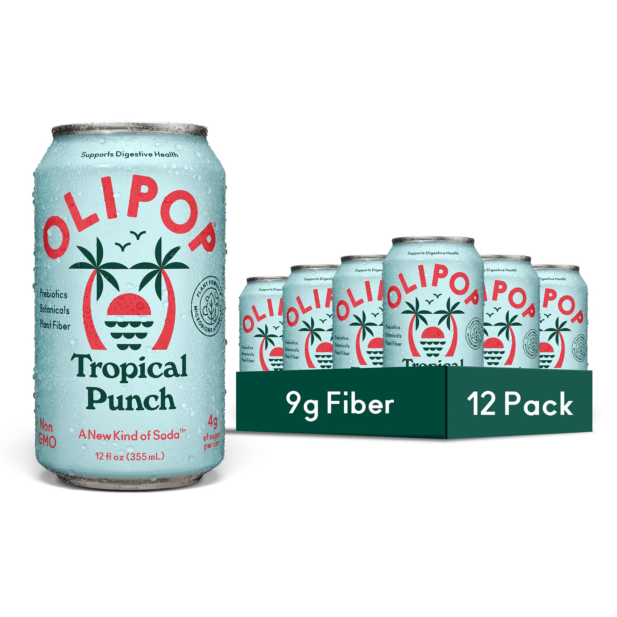 OLIPOP 9g Fiber Prebiotic Soda, Tropical Punch, 12 fl oz, 12 Pack