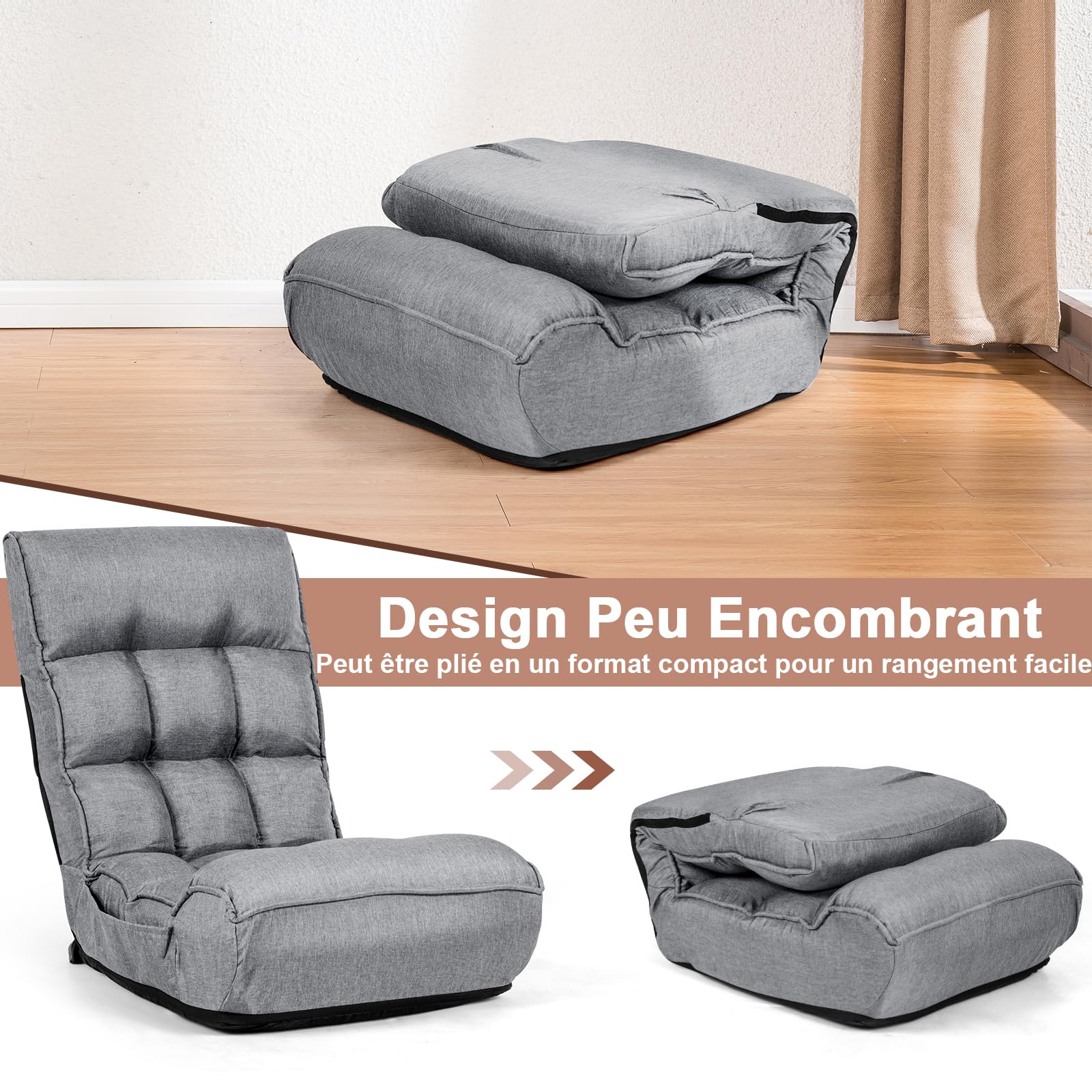 RELAX4LIFE Fauteuil Bas Multiposition Réglable Dossier 4 Positions Charge 140kg, Chauffeuse Convertible en Lin Appui-tête en 5 Positions Fauteuil Paresseux 1 Place Adulte Enfant (Lin, Gris)