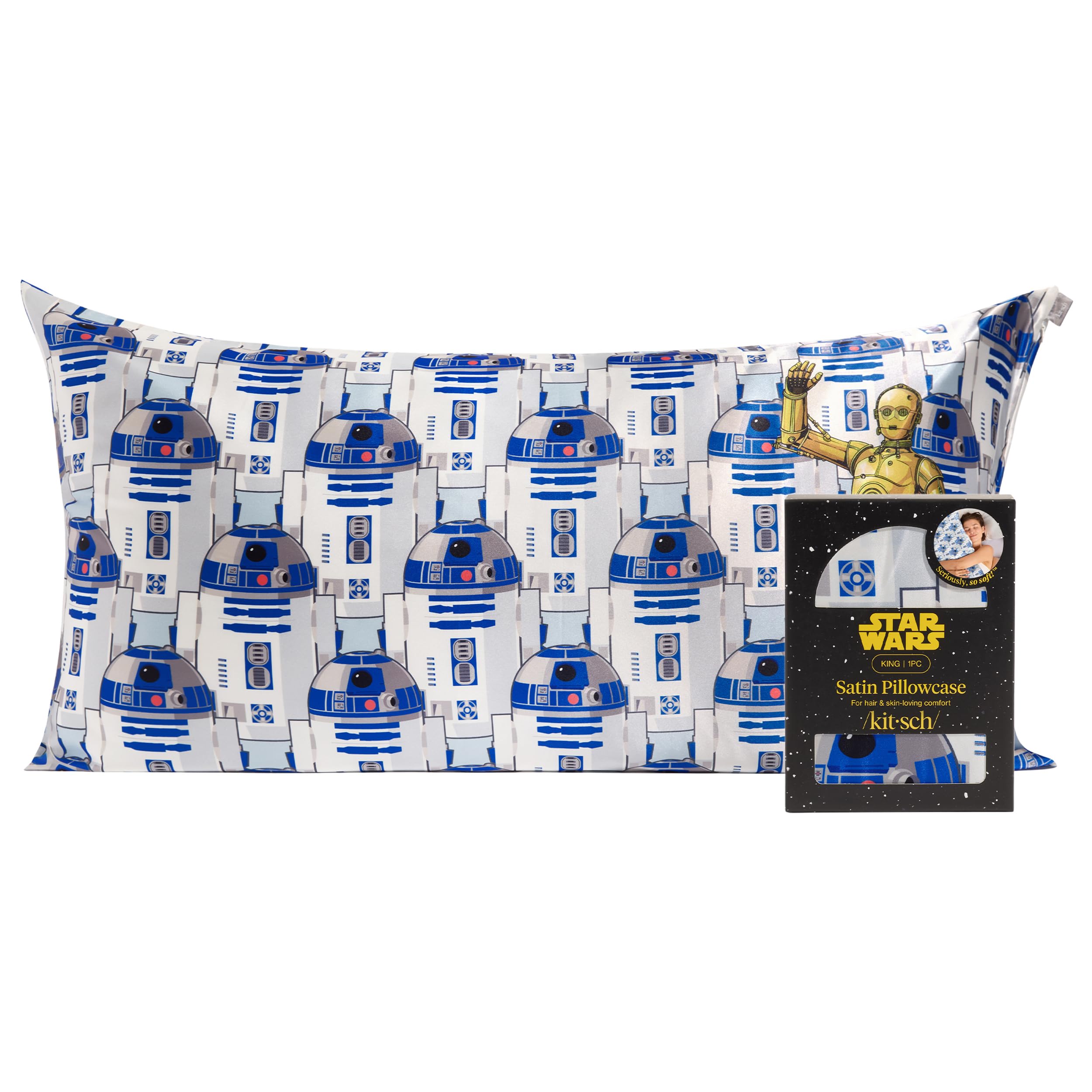 Kitsch x Star Wars R2-D2 & C-3PO Satin Pillowcase | Satin Pillowcase with Zipper, Better Than Silk Pillowcase | Frizz-Reducing Pillow Case for Hair & Skin Care, Cooling & Breathable - King