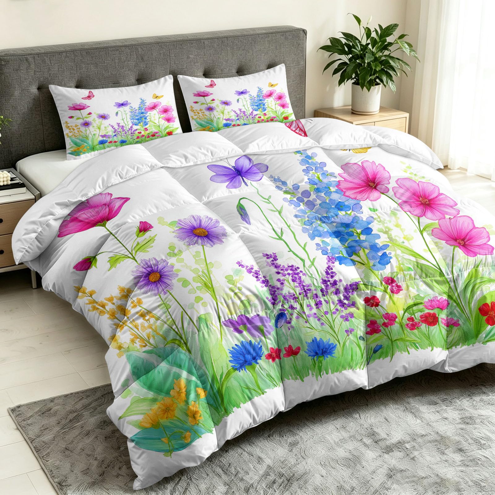 Generisch Trapunta da 135 x 200 cm, con fiori selvatici, farfalle e prato, 4 stagioni, utilizzabile senza rivestimento, soffice e morbida, stile rustico ad acquerello, lavabile con federa