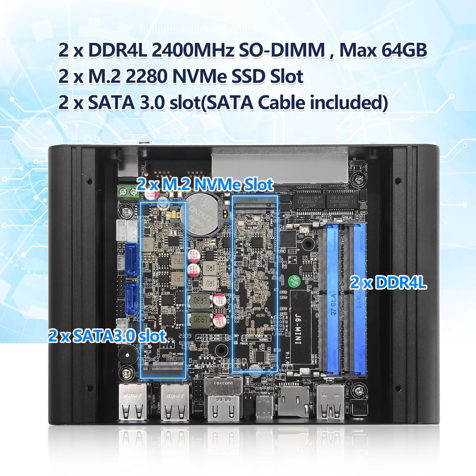 Firewall Mini PC J6413 4 Core, 4 x i226V 2.5GbE LAN OPNsense Router Micro Appliance, DDR4 8GB RAM 128GB SSD, AES-NI, Fanless Computer Hardware, 2 x NVMe Slot, 2 x SATA3.0, 2HD+USB-C 3 Display