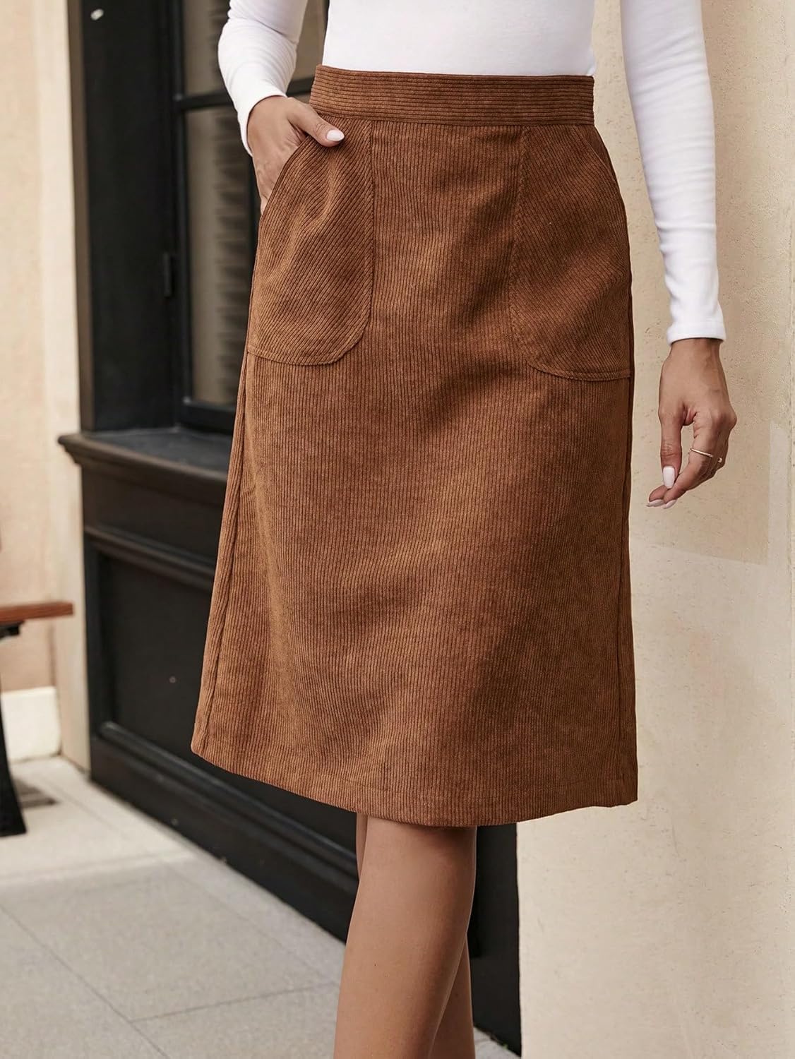 SweatyRocks Women's High Waist Straight Midi Skirt Split Hem Corduroy Skirts with Pockets - Image 3