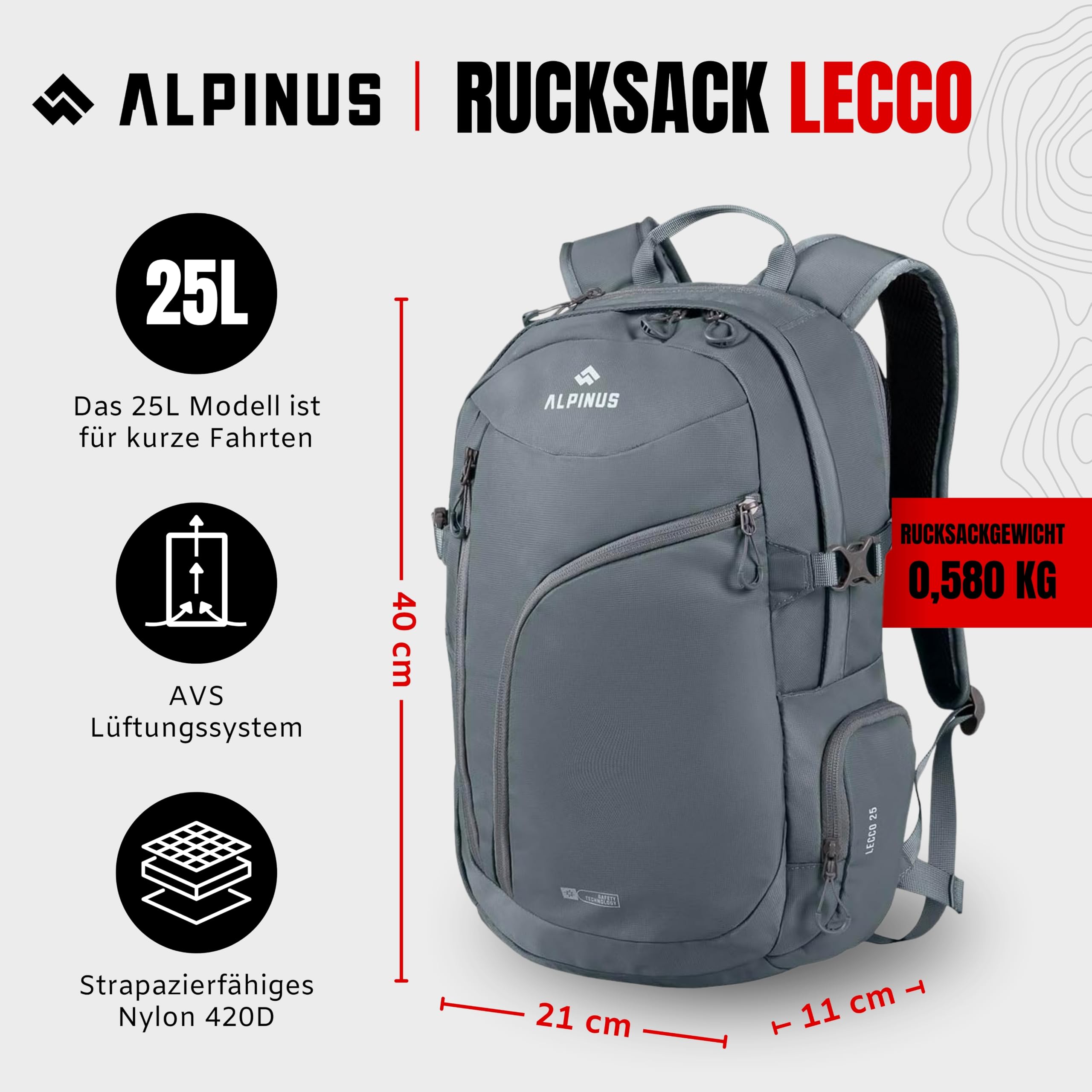 Alpinus Lecco Wanderrucksack 25L Stahlgrau - Trekkingrucksack für Damen und Herren - Leicht Atmungsaktiv Wanderrucksack Herren für Outdoor Camping Wandern, Rucksack für Trekking mit Laptopfach