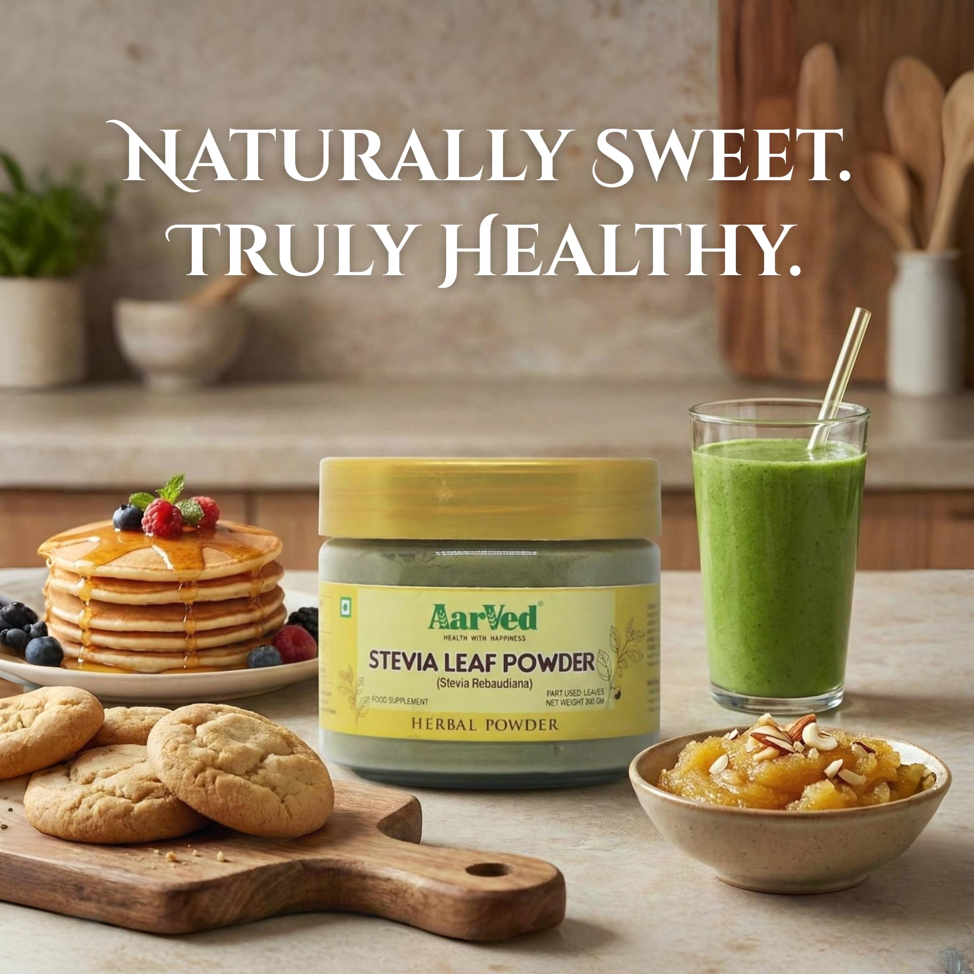 AarVed Natural Stevia Leaf Powder (200g, Pack of 1) Plant Based Sweetener | Zero Calorie Sugar Substitute | Stevia Rebaudiana Powder for Tea, Coffee, Baking & Beverages | Herbal Sweetener 1