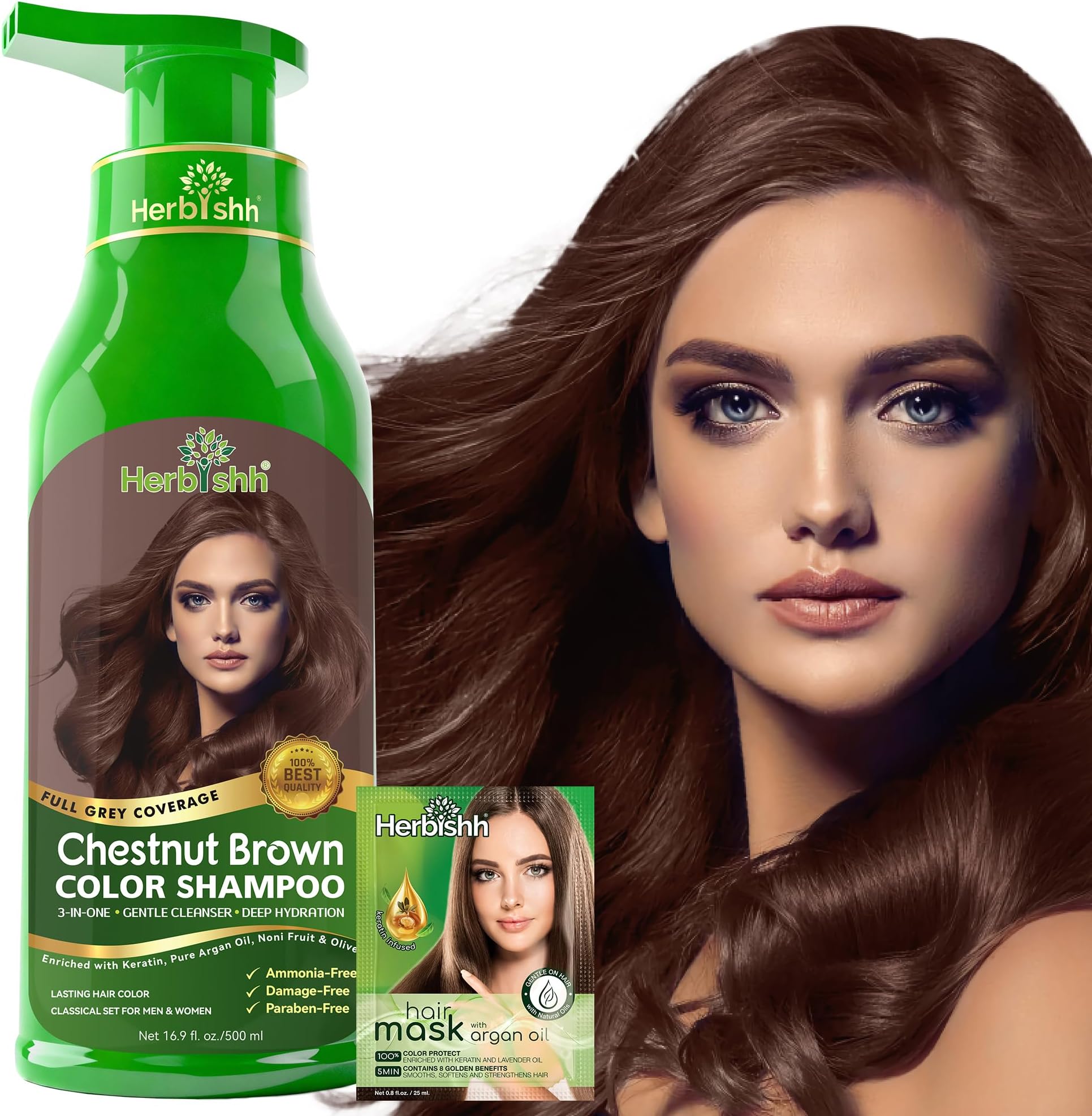 Herbishh Chestnut Brown Hair Color Shampoo for Gray Hair Coverage 500ml | Semi Permanent 3 in 1 Dye Shampoo, Gray Coverage in 20-25 Minutes, Ammonia Free Natural Color for Women & Men, Long Lasting