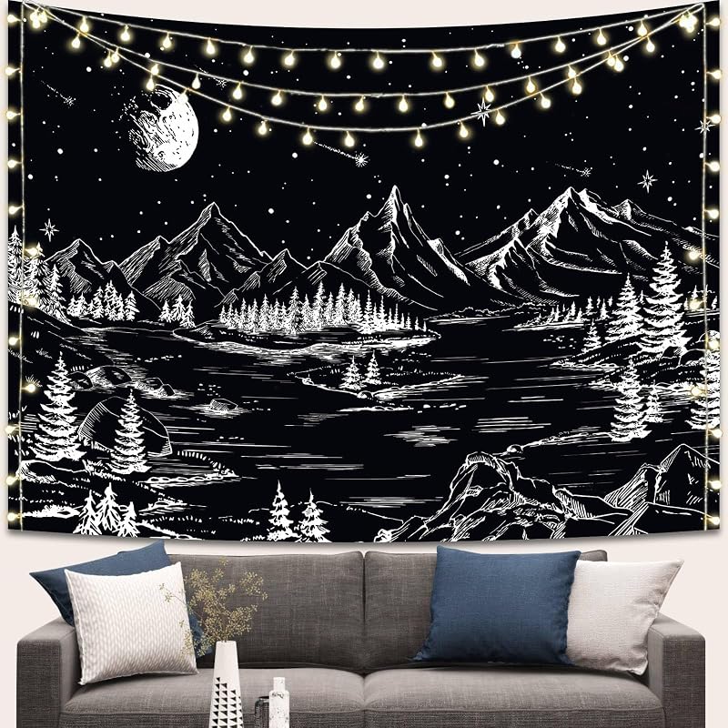 Apdidl Black and White Tapestry Starry Night Mountain Tapestries for Bedroom Aesthetic Moon and Stars Tapastry's Wall Hanging Dark Nature Forest Wall Tapestry for Living Room Dorm (36" x 48")