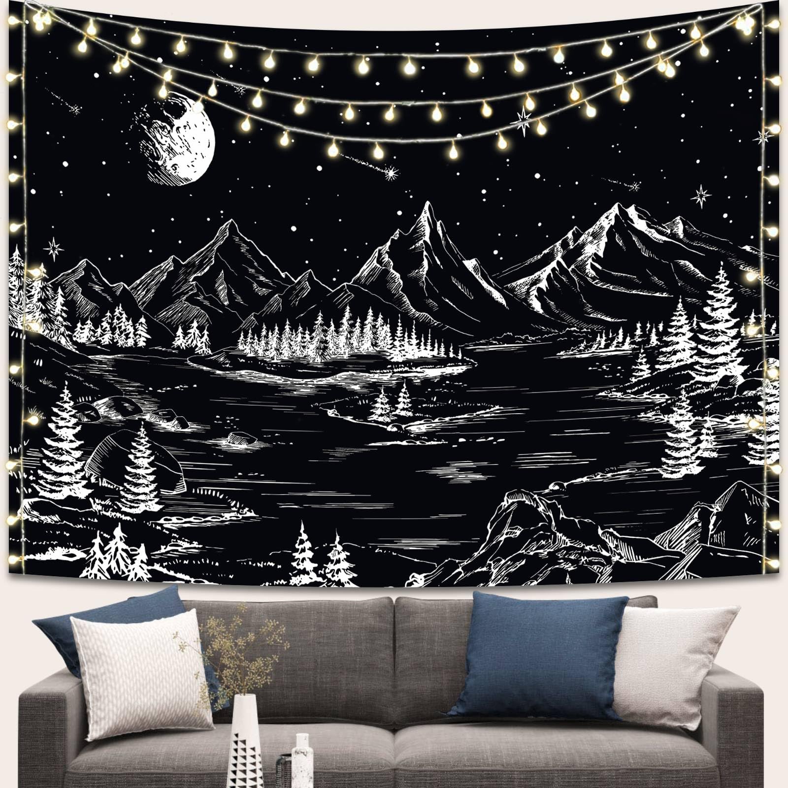 Apdidl Black and White Tapestry Starry Night Mountain Tapestries for Bedroom Aesthetic Moon and Stars Tapastry's Wall Hanging Dark Nature Forest Wall