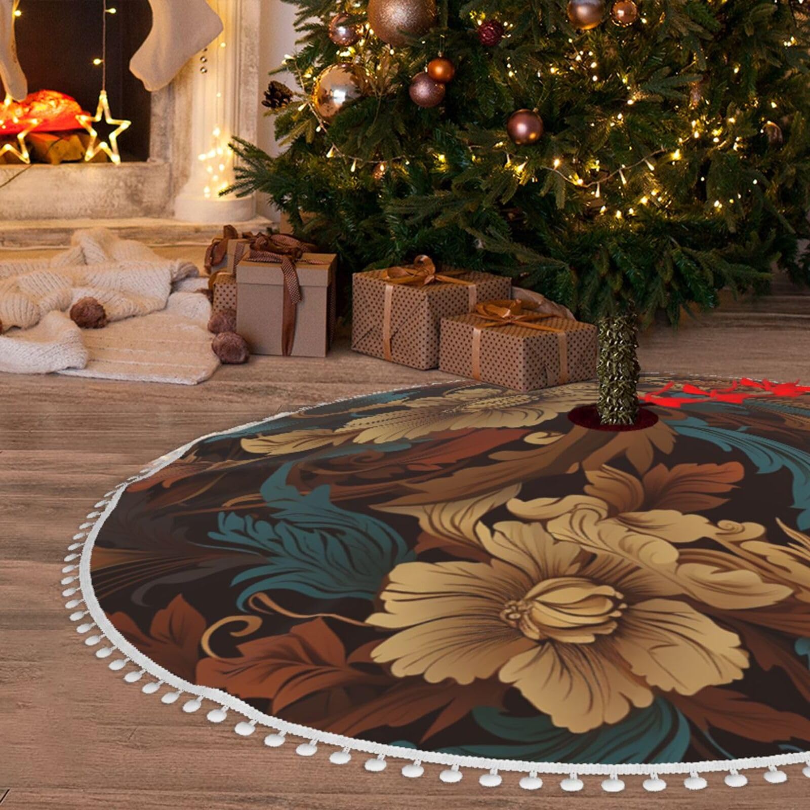 Jupe de sapin de Noël en peluche douce 122cm motif fleur blanche