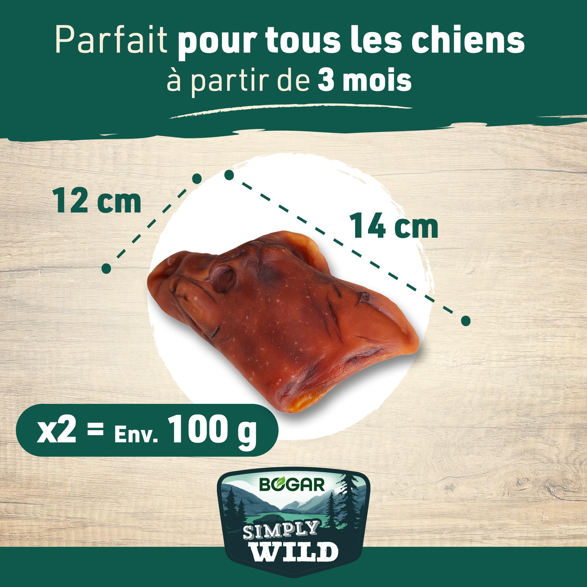 Bogar - Simply Wild - Friandises pour Chien - Nourriture pour Chiens en Complément de l'Alimentation Habituelle - Friandise sous forme d'Oreilles de Porc - 100% Porc Séché - Aide à la Mastication - 2x