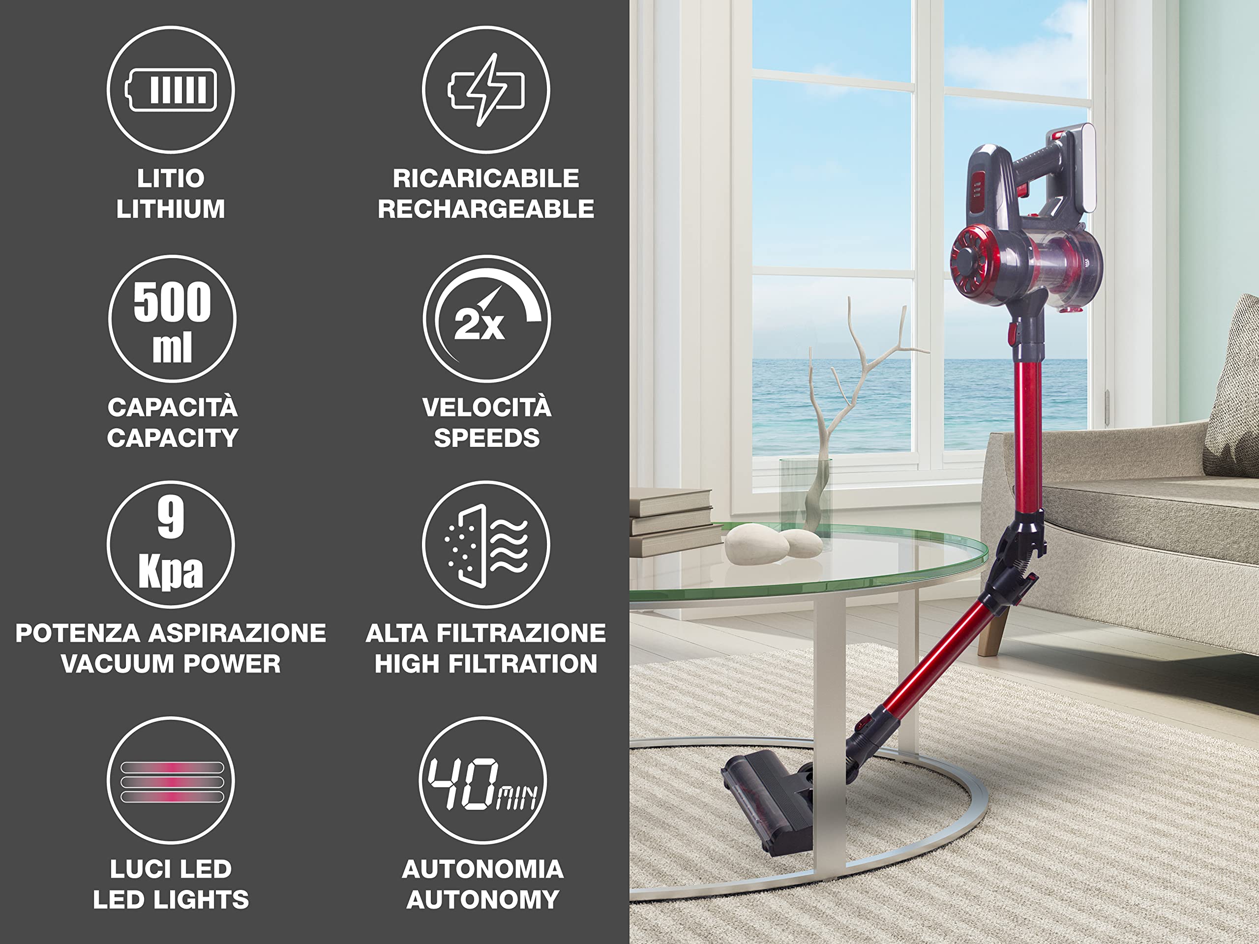 BEPER P202ASP100 Aspirapolvere Senza Fili a Batteria con Tubo Flessibile - Scopa Elettrica Senza Fili, Senza Sacco, 120W, Serbatoio 0, 5L, Filtro Lavabile
