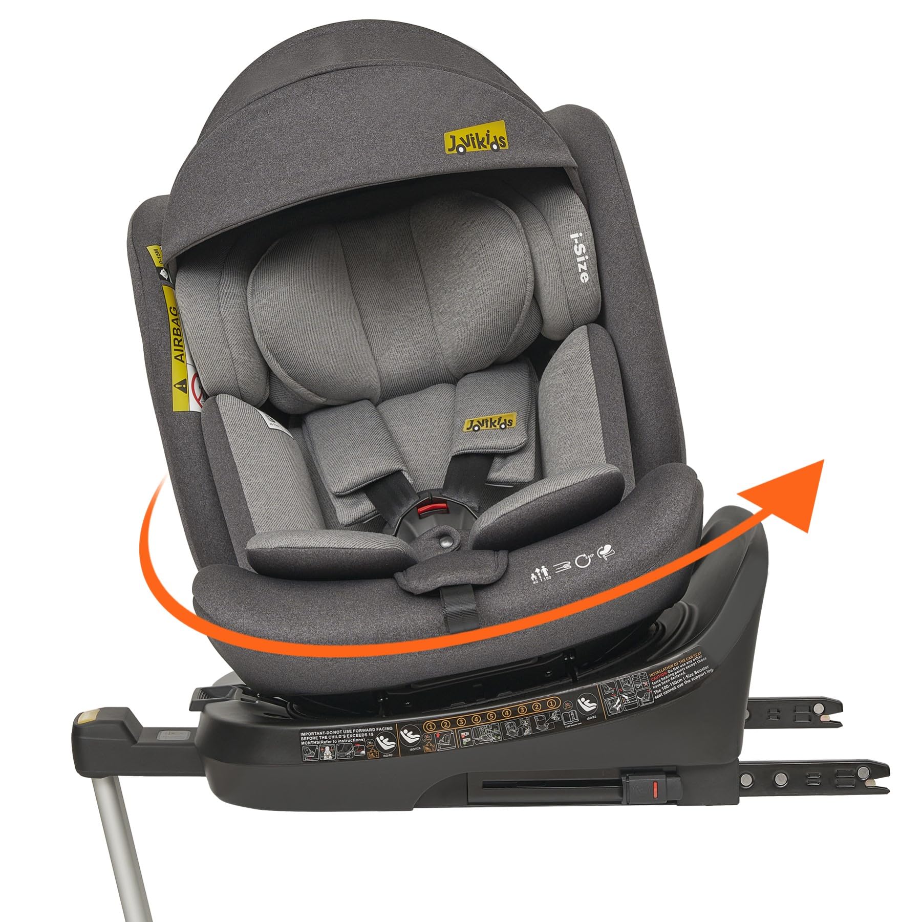Jovikids i-Size Seggiolino Auto 0-36kg, 360°Girevole Ovetto Neonato Auto con Isofix e Gambe di Supporto 40-150cm dalla Nascita a Circa 12 anni (Nero)
