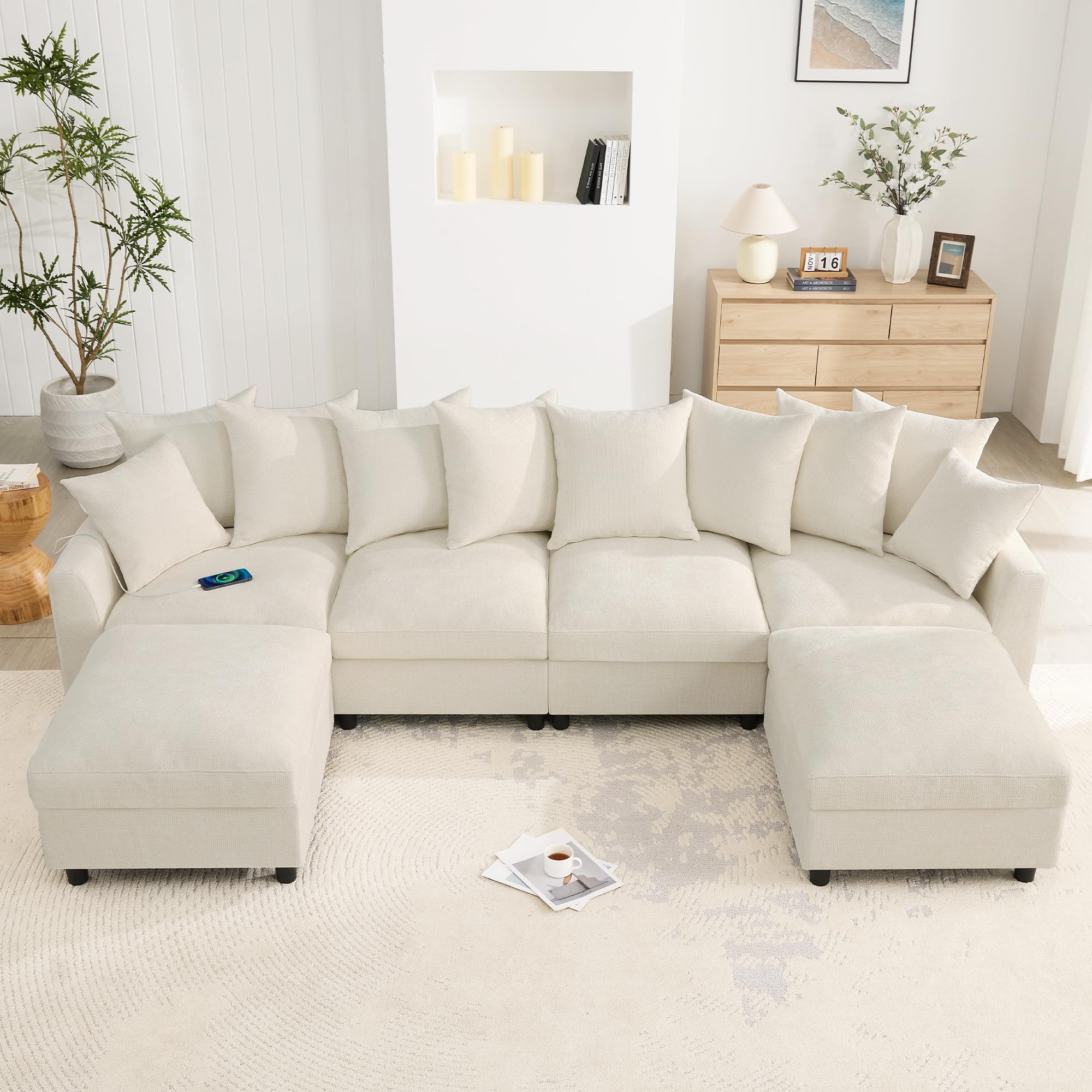 Divano angolare modulare a forma di U e L, 6 posti, beige