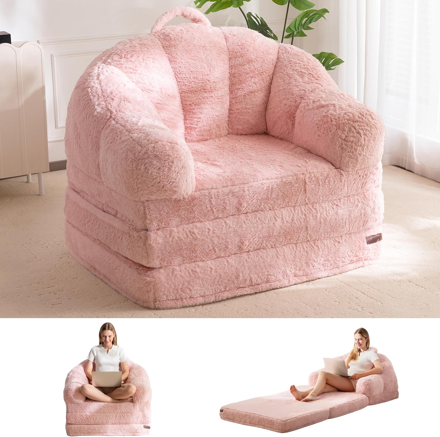 MAXYOYO Folding Sofa Bed, 2 in 1 Convertible Sofa to Lounger Comfy Single Bean Bag Chair for Adults, Floor Sleeper Couch with Handle, Faux Fur Couch Bed for Living Room Bedroom, Pink