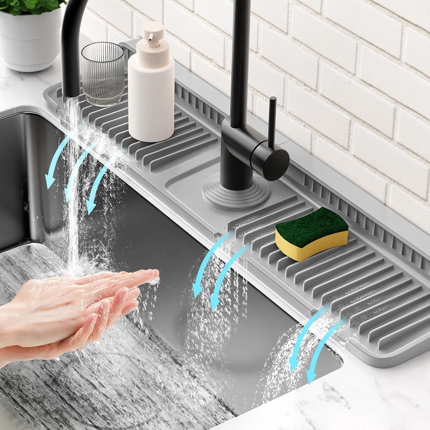 24'' Longer Faucet Mat for Kitchen Sink Splash Guard[7° Slope Fast Self-draining][Snap Lock Fit]Kitchen Sink Faucet Mat Splash Guard Kitchen Sink Area Water Splash Guard Behind Faucet Draining Mat Gray 24" x 5.5"