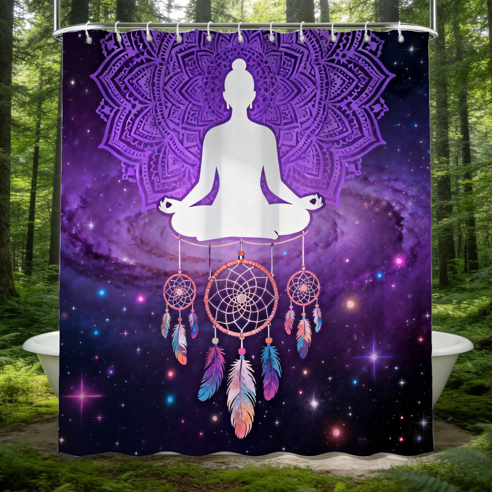 Hongduo 3D Yoga Shower Curtain for Stalls Bathtubs Zen Bathroom Decor Shower Curtain Set Polyester Fabric Waterproof 180x180cm/71X71 Inch with Hooks