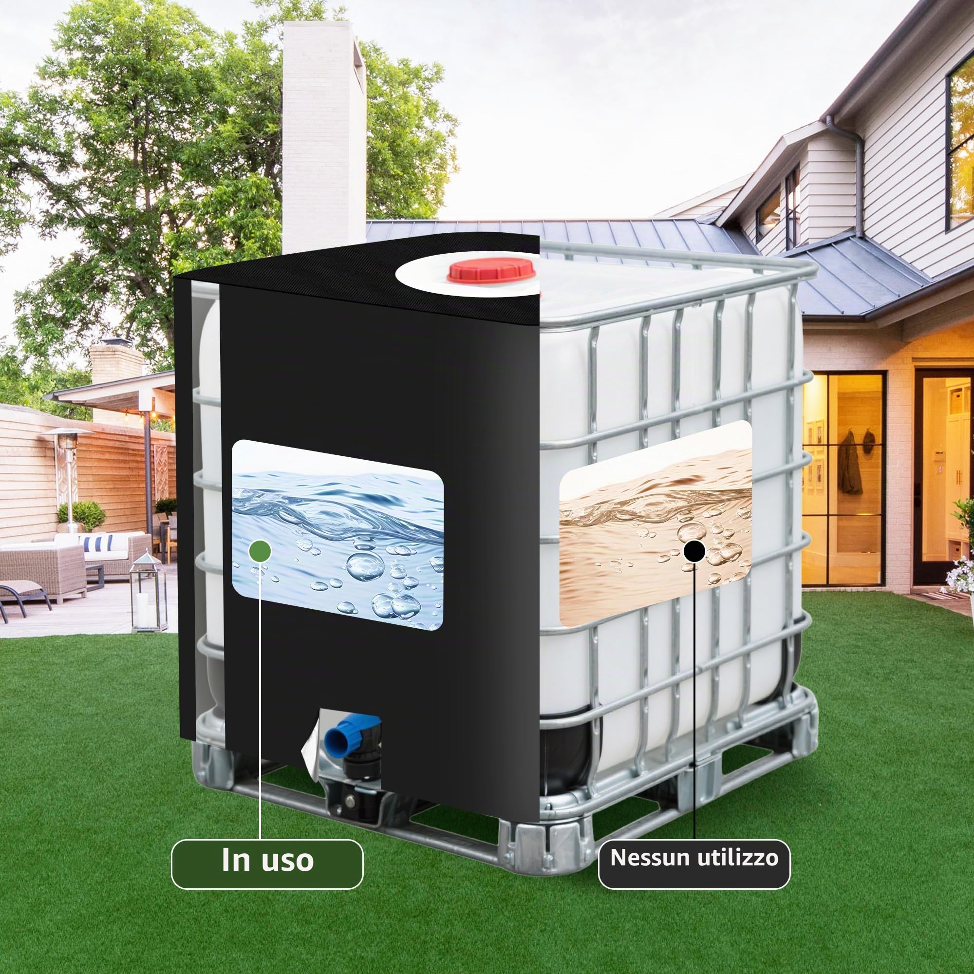Serbatoio Acqua 1000 litri IBC, Cisterna Acqua 1000 litri 120 x100 x116 cm, Con pellicola trasparente per il serbatoio dell'acqua, Borsa di stoccaggio in tela (Nero)