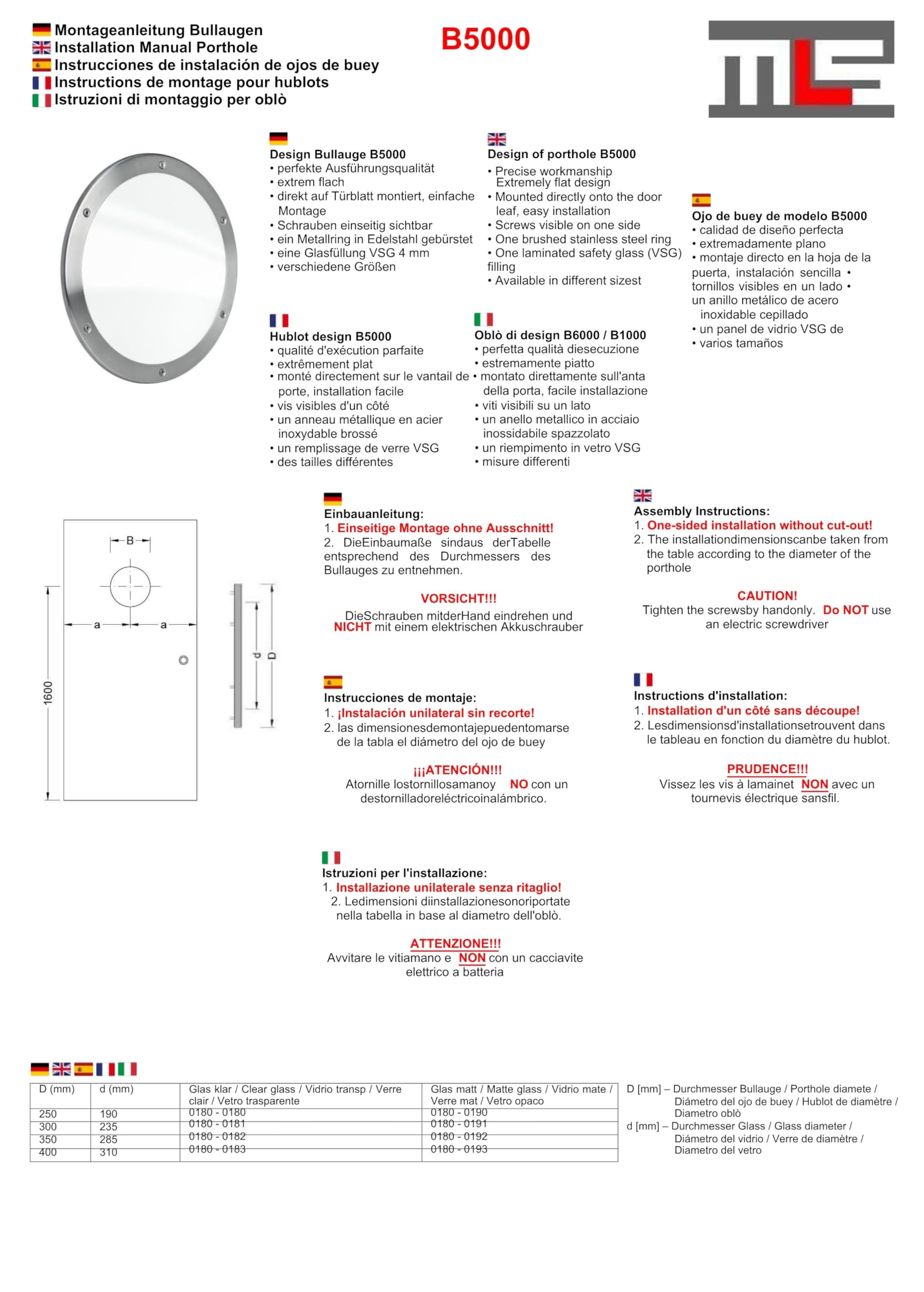 MLS Oblò B5000, Finestra per Porte in Acciaio Inox, Vetro VSG, Montaggio Diretto Sull'anta Della Porta, Senza Tagli, Viti di Visibili su un Lato, Set di 3 Pezzi x 1 Anello Ø 250 mm, Vetro Transparente