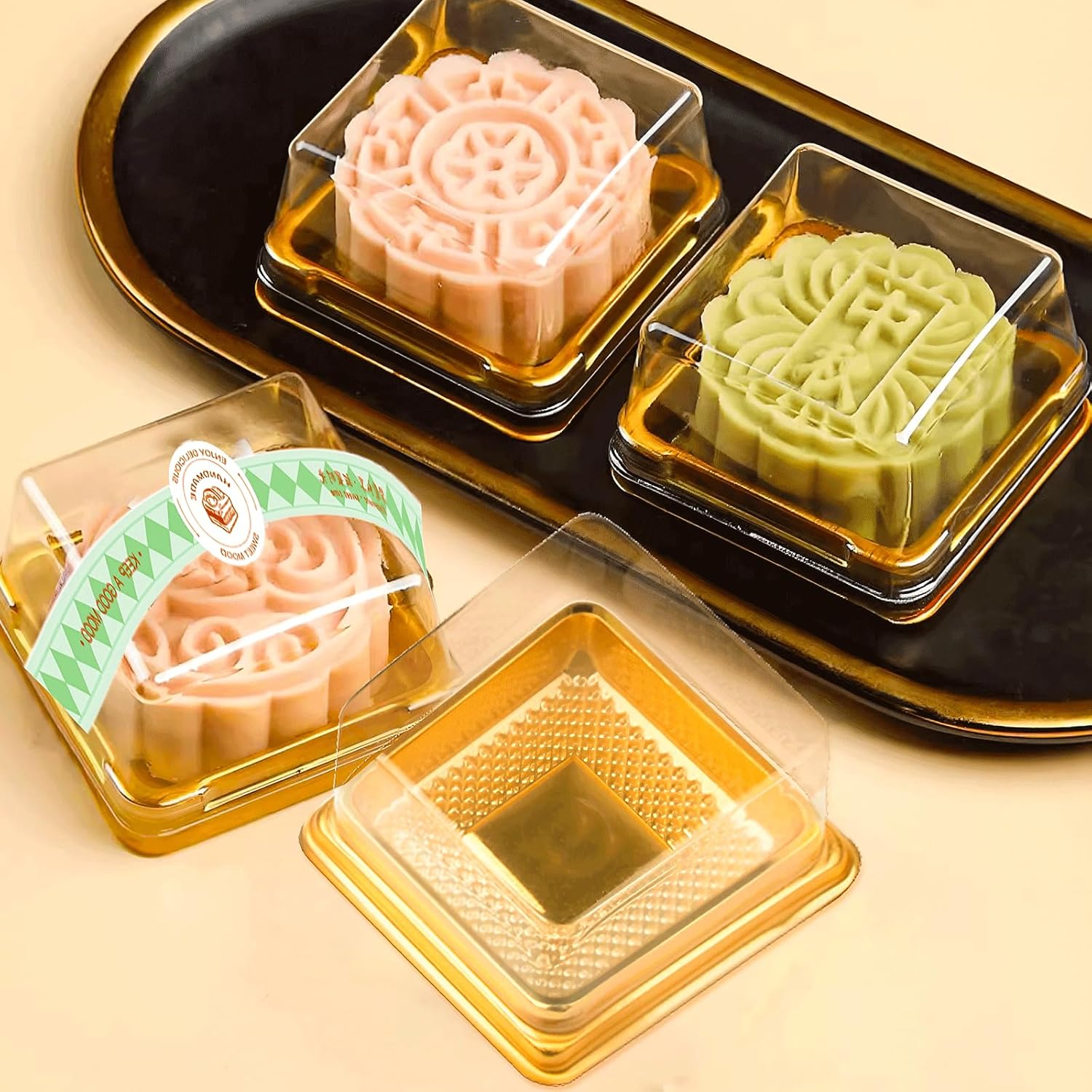 BenRan 100 Set 3.5 Inch Moon Cake Box Clear Plastic Mini Cake Cupcake Small Muffins Boxes Cake Pans with Lids Gift Dessert Containers Bonus 100 Pcs Cakes Stickers