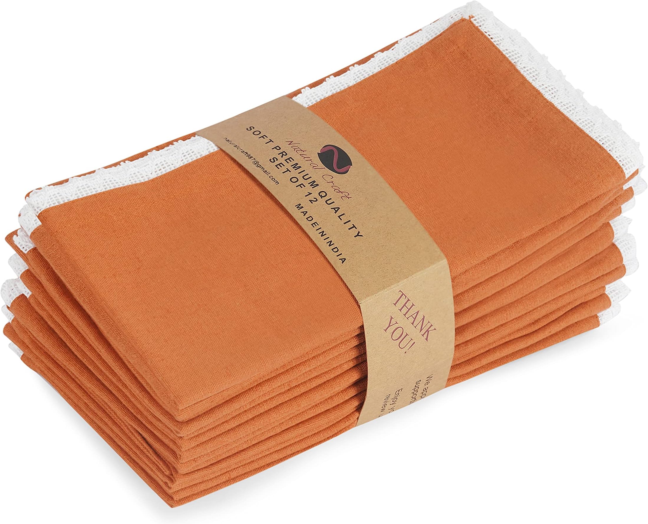 NATURALCRAFT Dinner Cloth Napkins Cotton Linen Blend Fabric 12 Pack Easter Special Edge Finish with Fine Lace for Every Day Use Napkins are Pre Shrunk and Good Absorbency 12x12 (Rust lace)