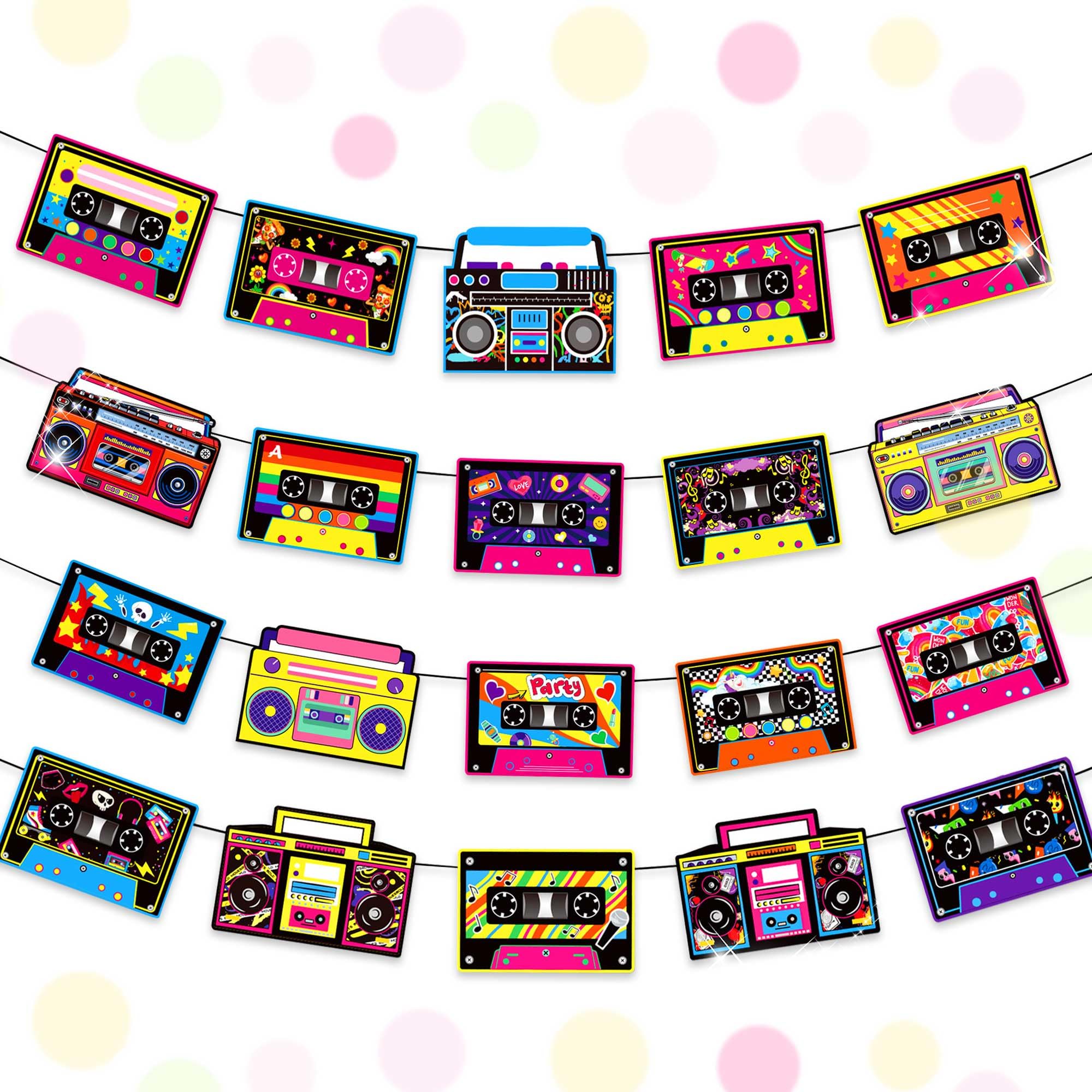 4PCS Cassette Tape Banners Retro 80s Cassette Player Party Decorations Radio Boom Box Cutout Banners Retro 70‘s 80's 90's Music Birthday Party Decor Supplies