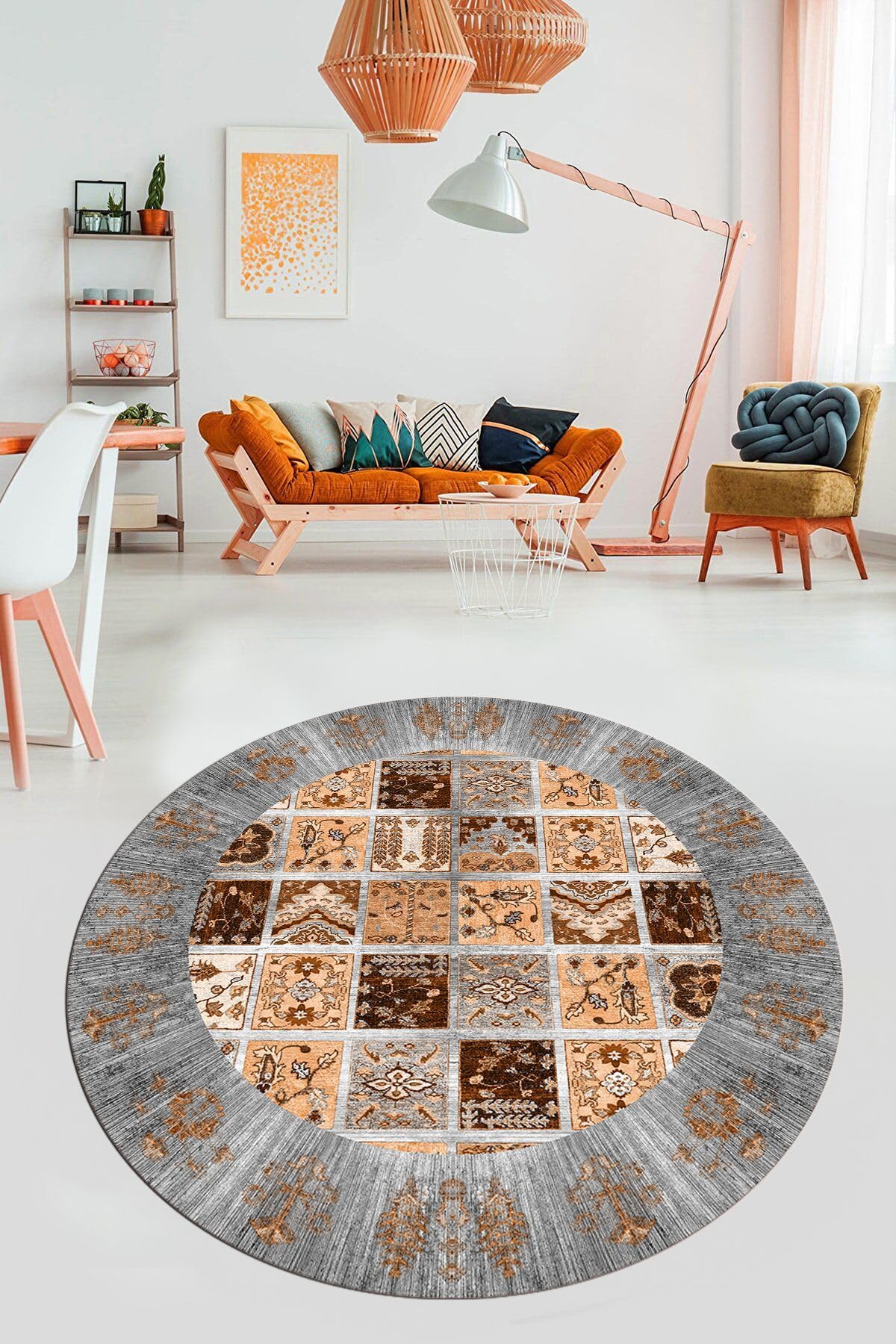 Evdeya Yeni Etnik Desen Kaymaz Taban Yıkanabilir Yuvarlak Mutfak Salon Koridor Halısı Y-ETNİK-18, Gri, 100 x 100