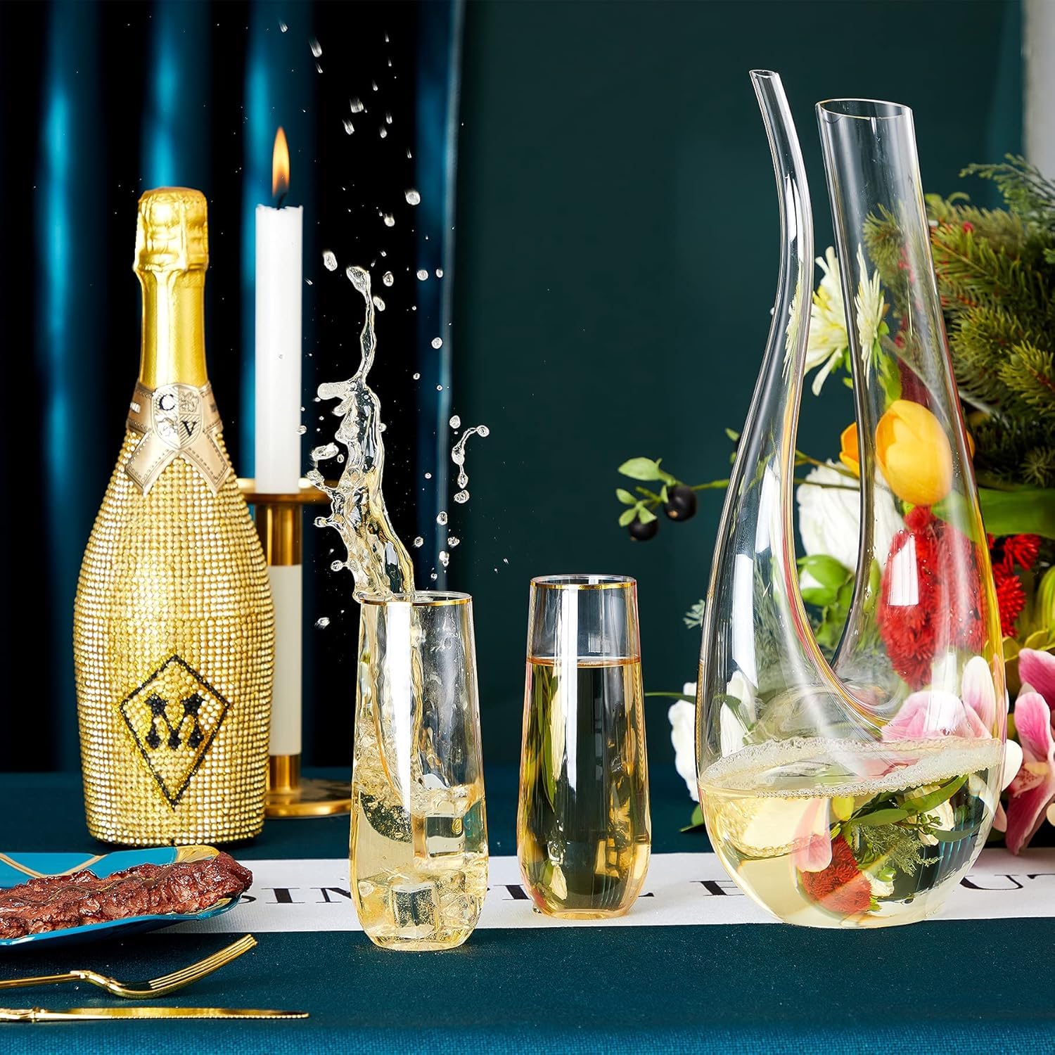 N9R Paquete de 36 copas de champán de plástico, 9 onzas sin tallo desechables, con borde dorado, copas de cóctel transparentes para bebidas, irrompibles, ideales para fiestas, bodas, cumpleaños