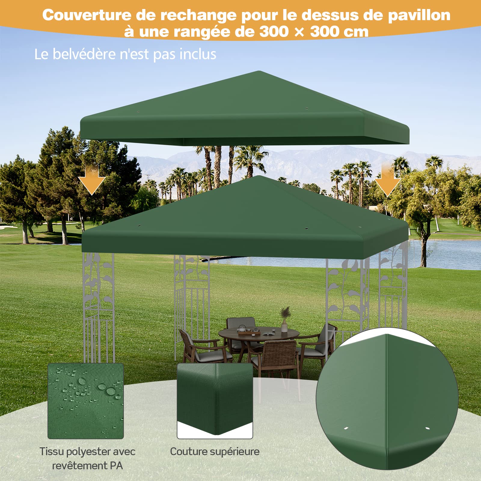 COSTWAY Toile de Toit de Rechange en Polyester pour Pavillon Tonnelle Tente 300 x 300 cm Couleur au Choix (Vert foncé)