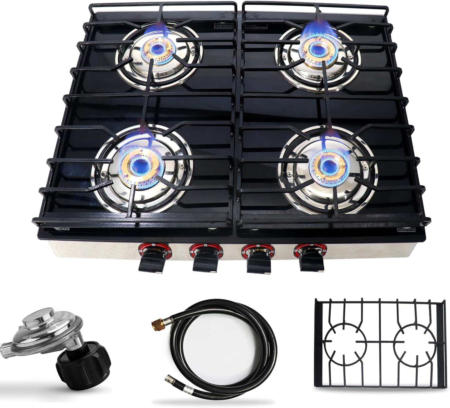 4 Burner Gas Stove Top - 25" Black Tempered Glass Counter Top StoveGas Cooktop, Stainless 4 Burner Cooktop Burners rv stove for Cooking Range Gas W/Hose & Regulator to Connect propane cooktop…