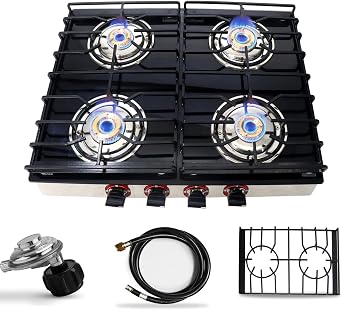 4 Burner Gas Stove Top - 25" Black Tempered Glass Counter Top StoveGas Cooktop, Stainless 4 Burner Cooktop Burners rv stove for Cooking Range Gas W/Hose & Regulator to Connect propane cooktop...
