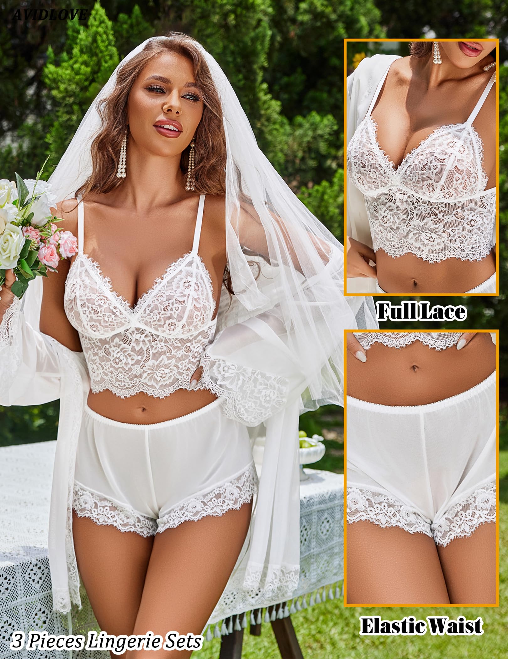 Avidlove Women Sexy Lingerie Set 3 Piece Lace Bralette and Panty Sets With Mesh Kimono Robe Sleepwear Exotic Nightgown