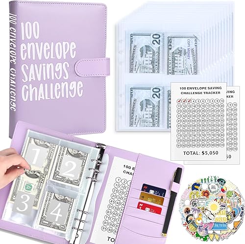 100 sobres desafío de ahorro de dinero con bonitas calcomanías, carpeta de ahorro de dinero A5 con sobres de efectivo, libro de desafíos de ahorro