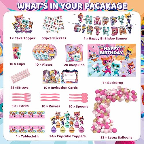 Miniatura 2 de 257 piezas de suministros de fiesta de cumpleaños de súper gato, decoraciones de fiesta de gatito, incluye pancarta, telón de fondo, mantel, globos,