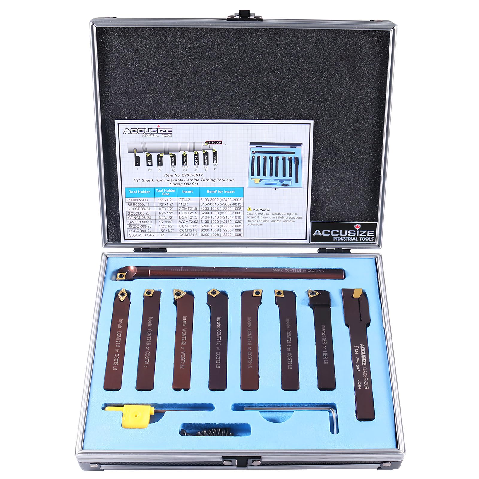 Accusize Industrial Tools 7-Ps Indexable Carbide Turning Tool Set, 1/2" Shank, C6 Grade TiN Coated Inserts, in Fitted Aluminum Case, 2387-2004 — Amazon image 14