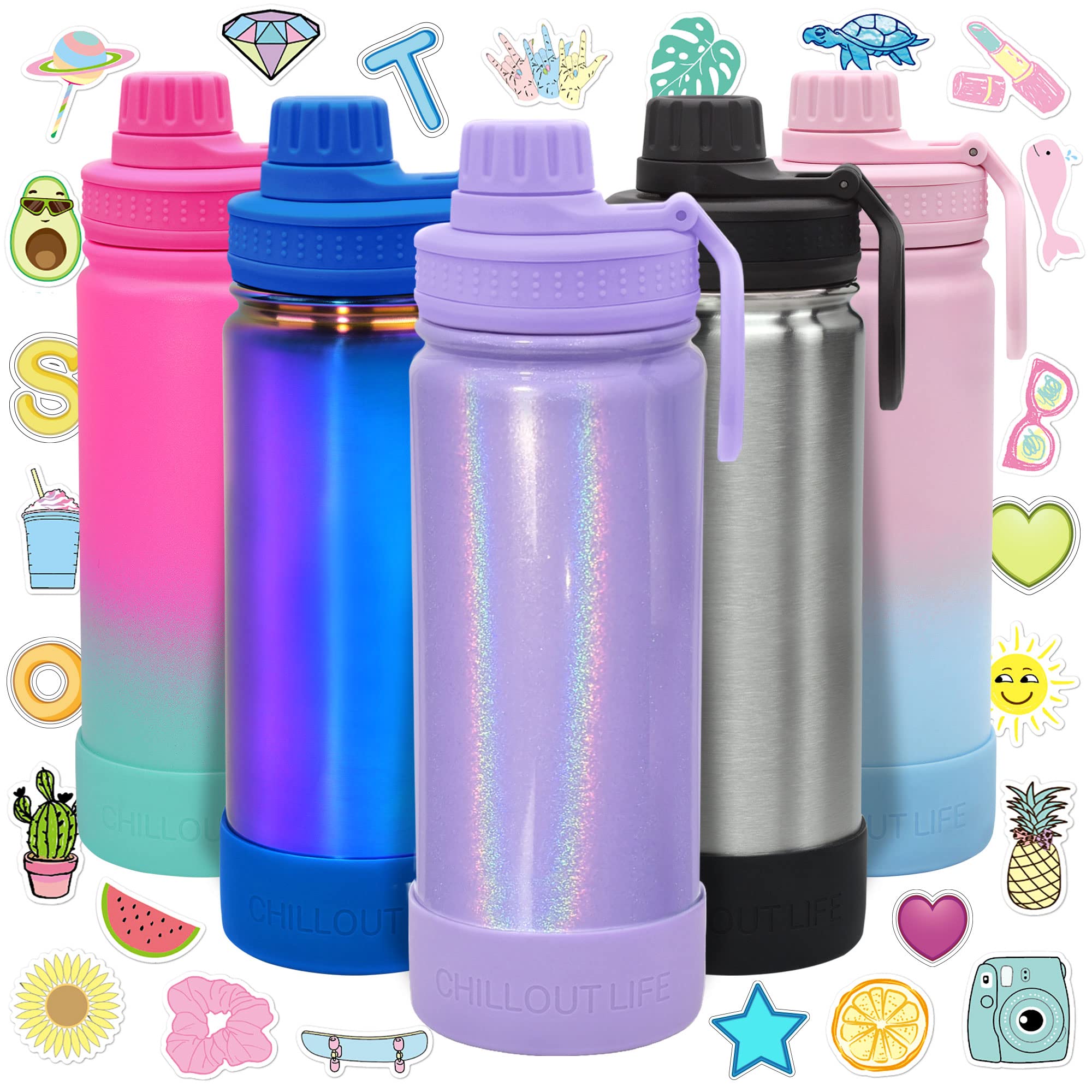 CHILLOUT LIFE 17 oz Kids Insulated Water Bottle for School with Leakproof Spout Lid and Cute Waterproof Stickers