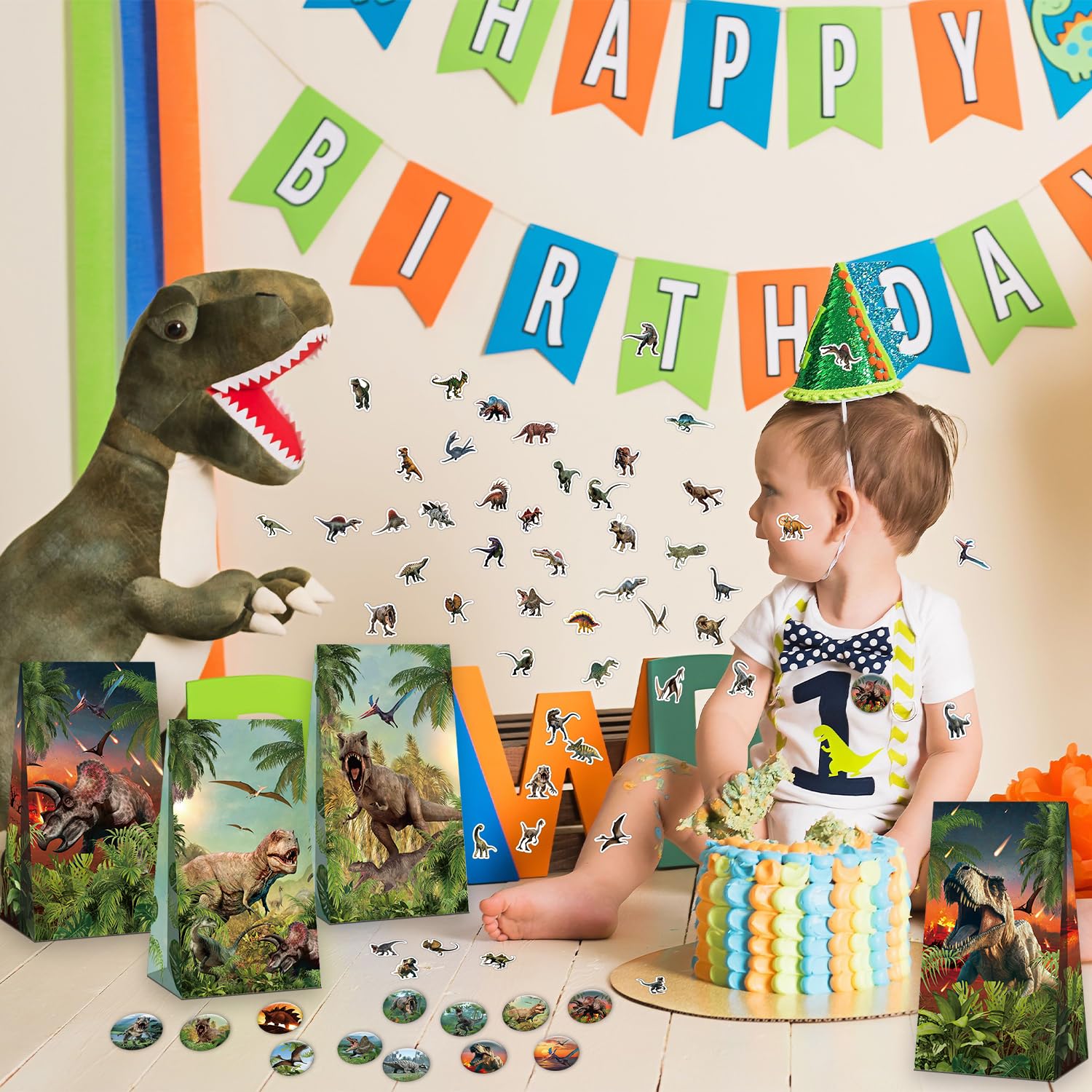 Dinosauro Party Favour Supplies: Sacchetti Regalo, Adesivi, Distintivi, Braccialetti per Feste di Compleanno a Tema