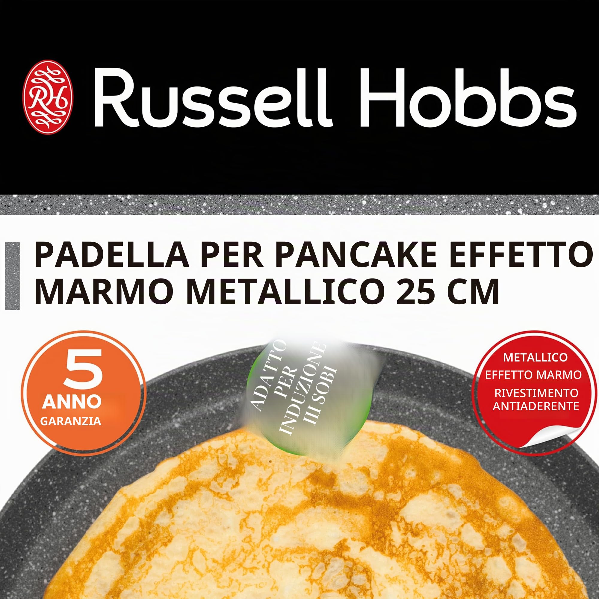 Russell Hobbs RH02852EU7 - Padella per crêpe e pancake, in alluminio, antiaderente, grande, piatta, 25 cm, rivestimento in marmo metallico, impugnatura morbida, adatta a piano cottura a induzione, per