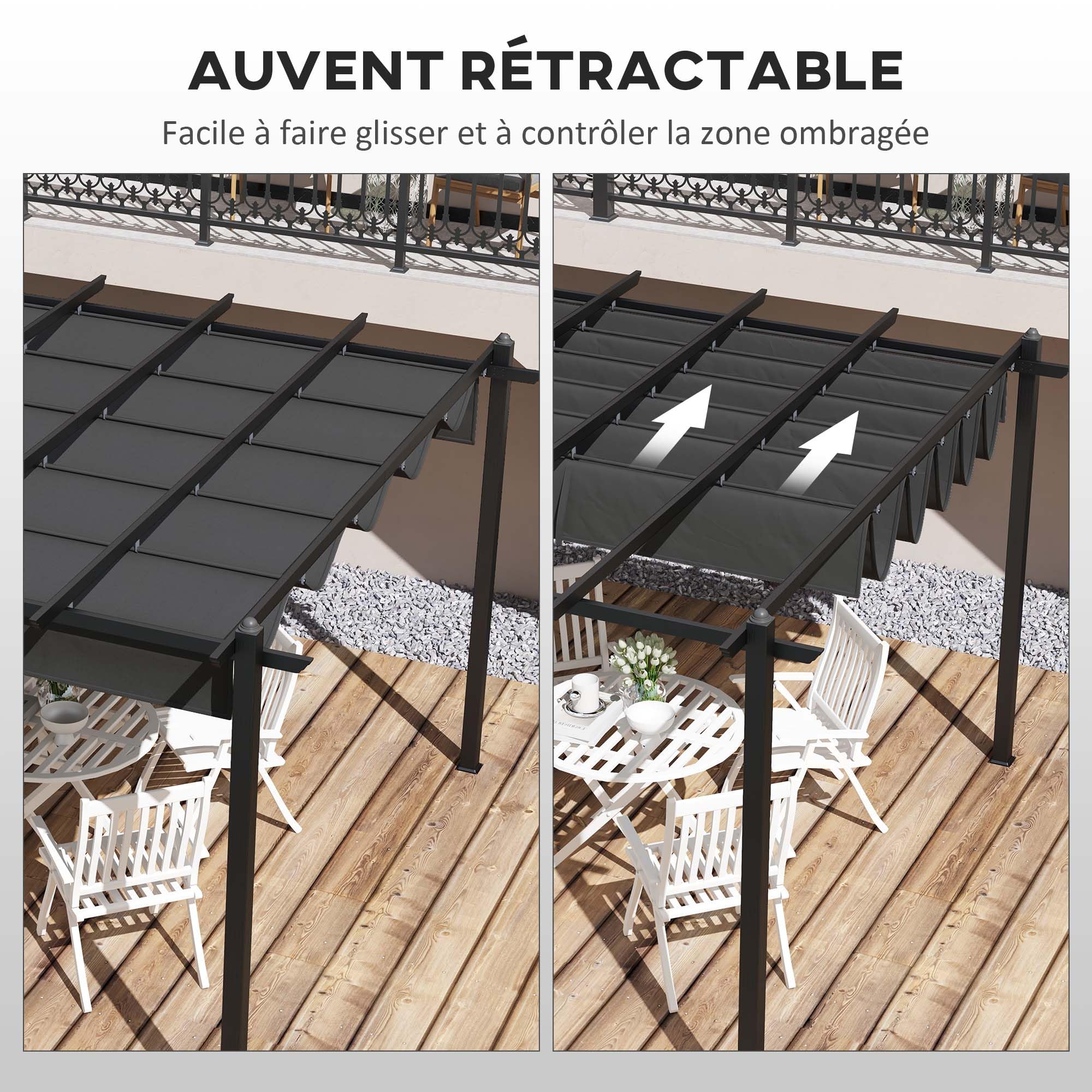 Outsunny Pergola Jardin Exterieur 3,6 x 6 m coulissante rétractable pour terrasse Structure en Aluminium + Toile Polyester - Gris foncé