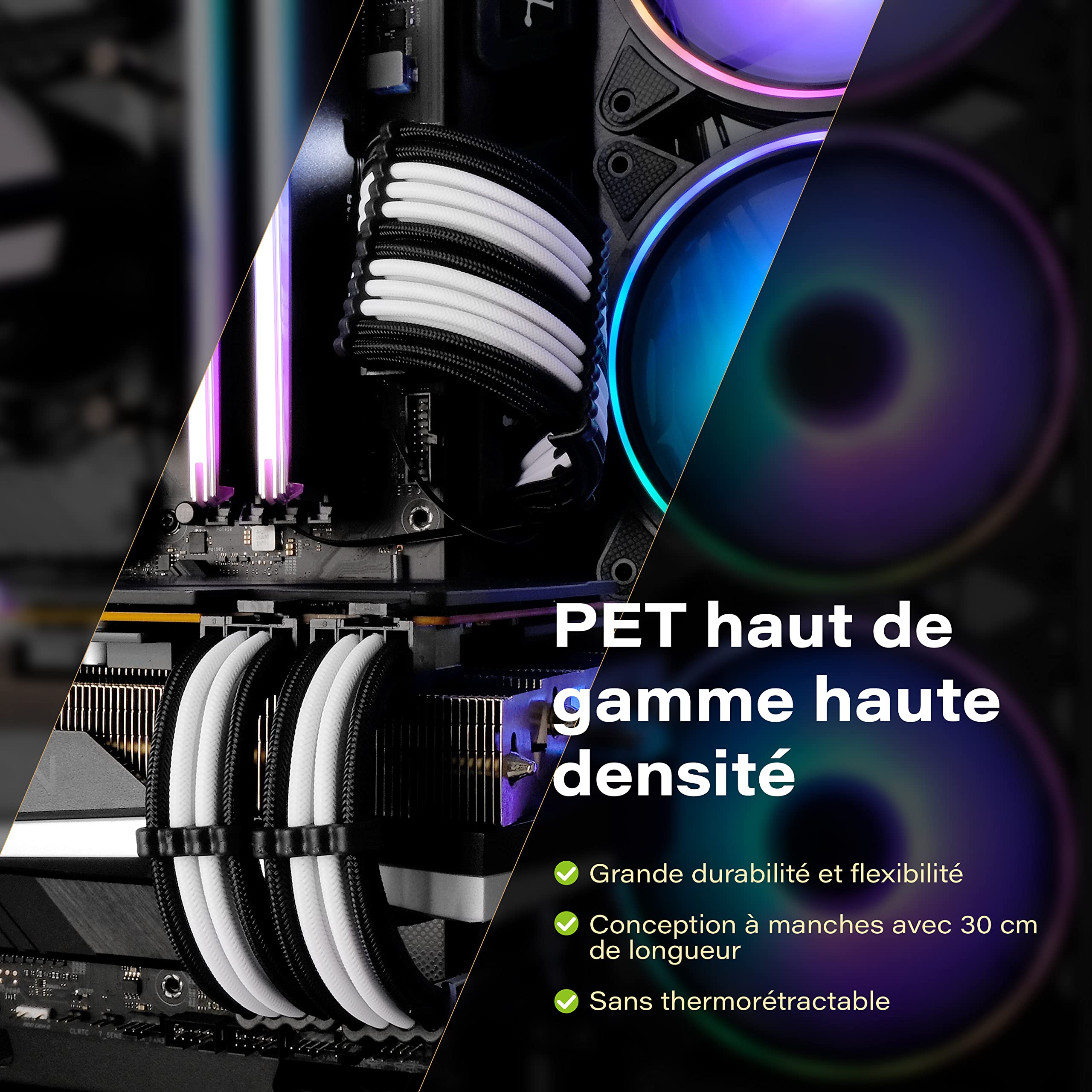 Kit D'extension De Câbles D'alimentation PC EZDIY-FAB - Nylon Tressé Souple 30cm - Noir Et Gris - 24PIN, 8PIN, 6+2PIN